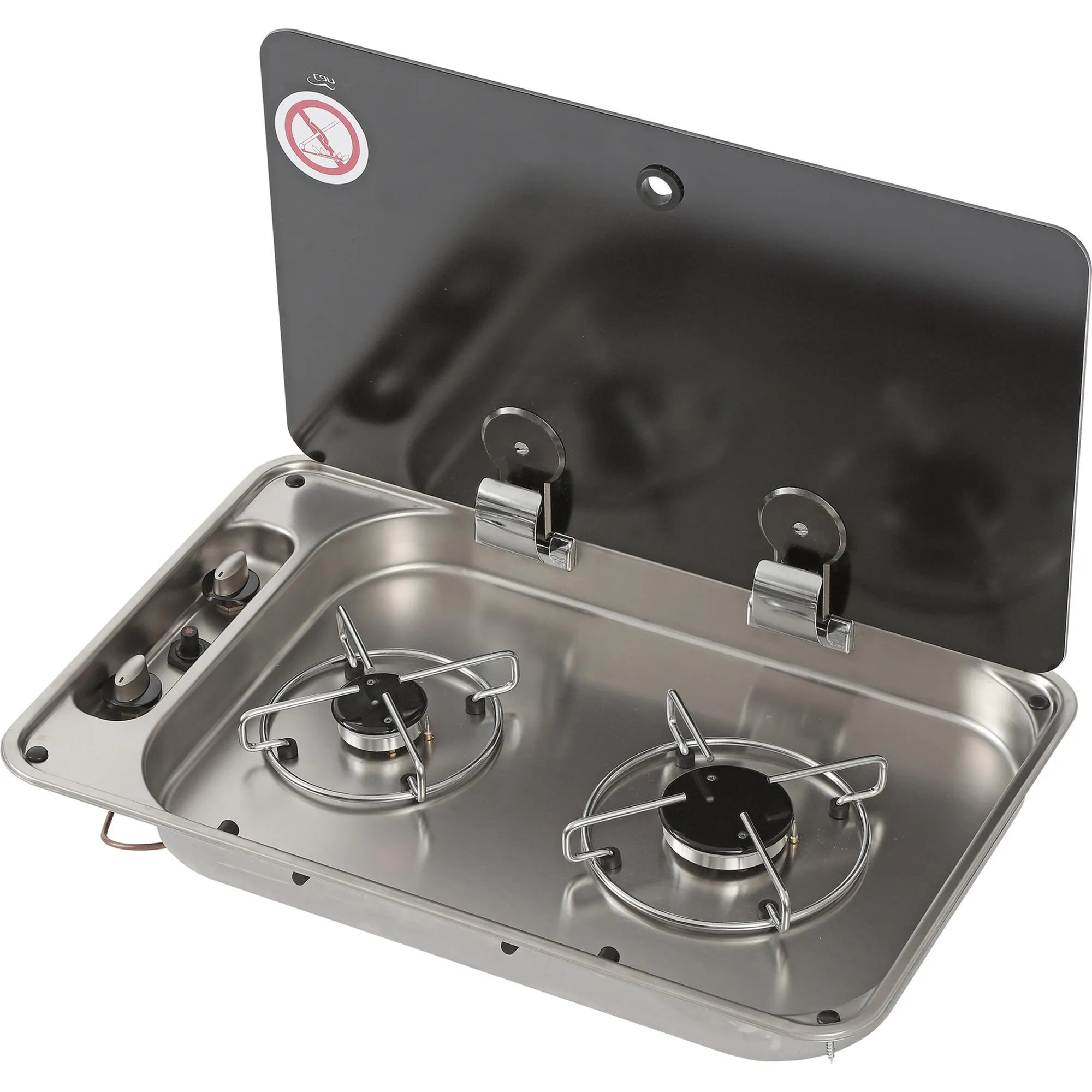 Kocher FC1336 aus Edelstahl mit zwei Gasbrennern, Topfhalterungen, Bedienelementen und aufgeklapptem schwarzem Deckel