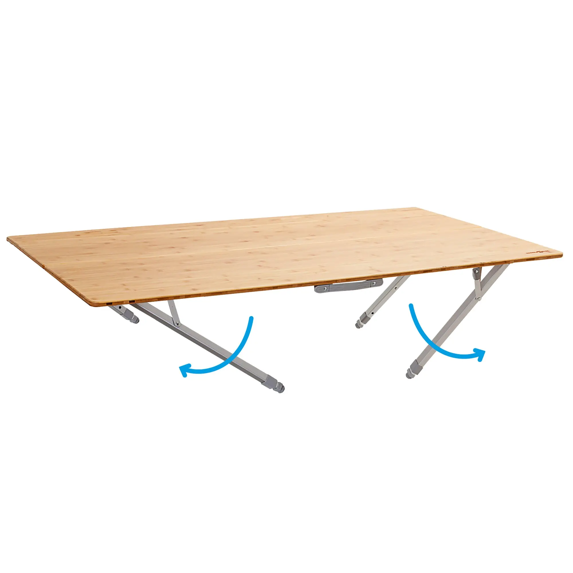 Faltbarer Campingtisch mit heller Holzplatte und silbernem Metallgestell, Camperking, 100 cm Länge, klappbare Beine