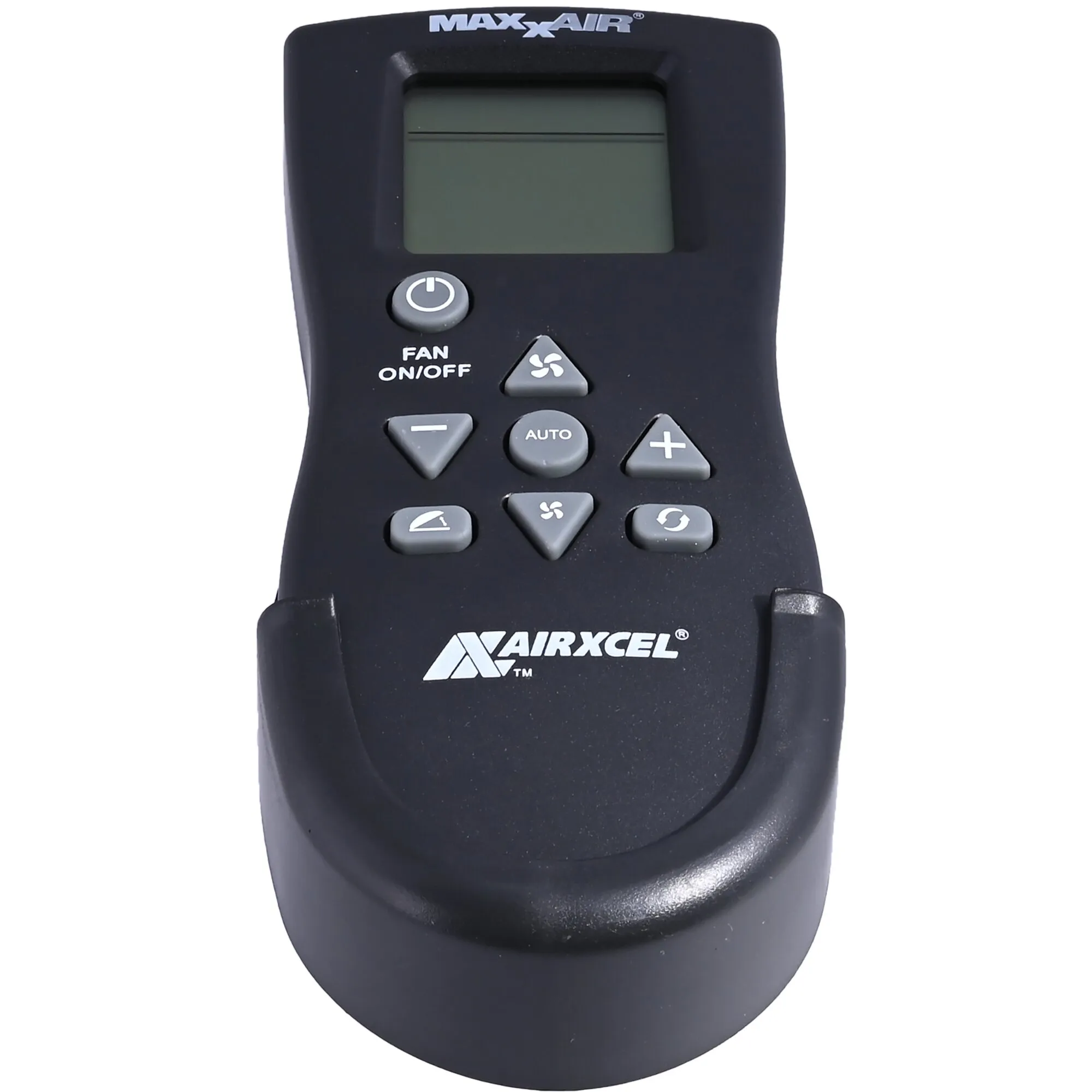 Schwarze MaxxAir-Fernbedienung für MaxxFan Deluxe mit LCD-Anzeige und Tasten für Ein/Aus, Automatik und Lüftersteuerung