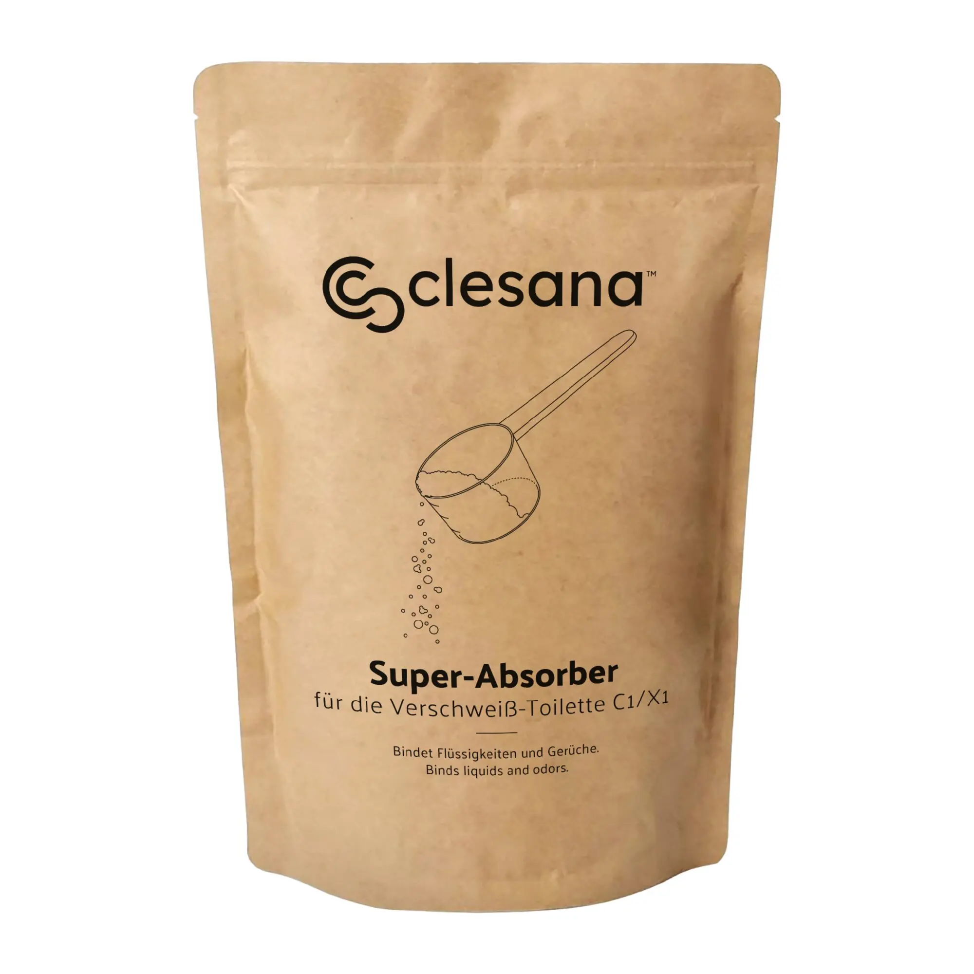 Brauner Kraftpapier-Beutel mit Clesana-Logo und dem Schriftzug Super-Absorber; daneben eine Skizze eines Messlöffels, aus dem Tropfen fallen