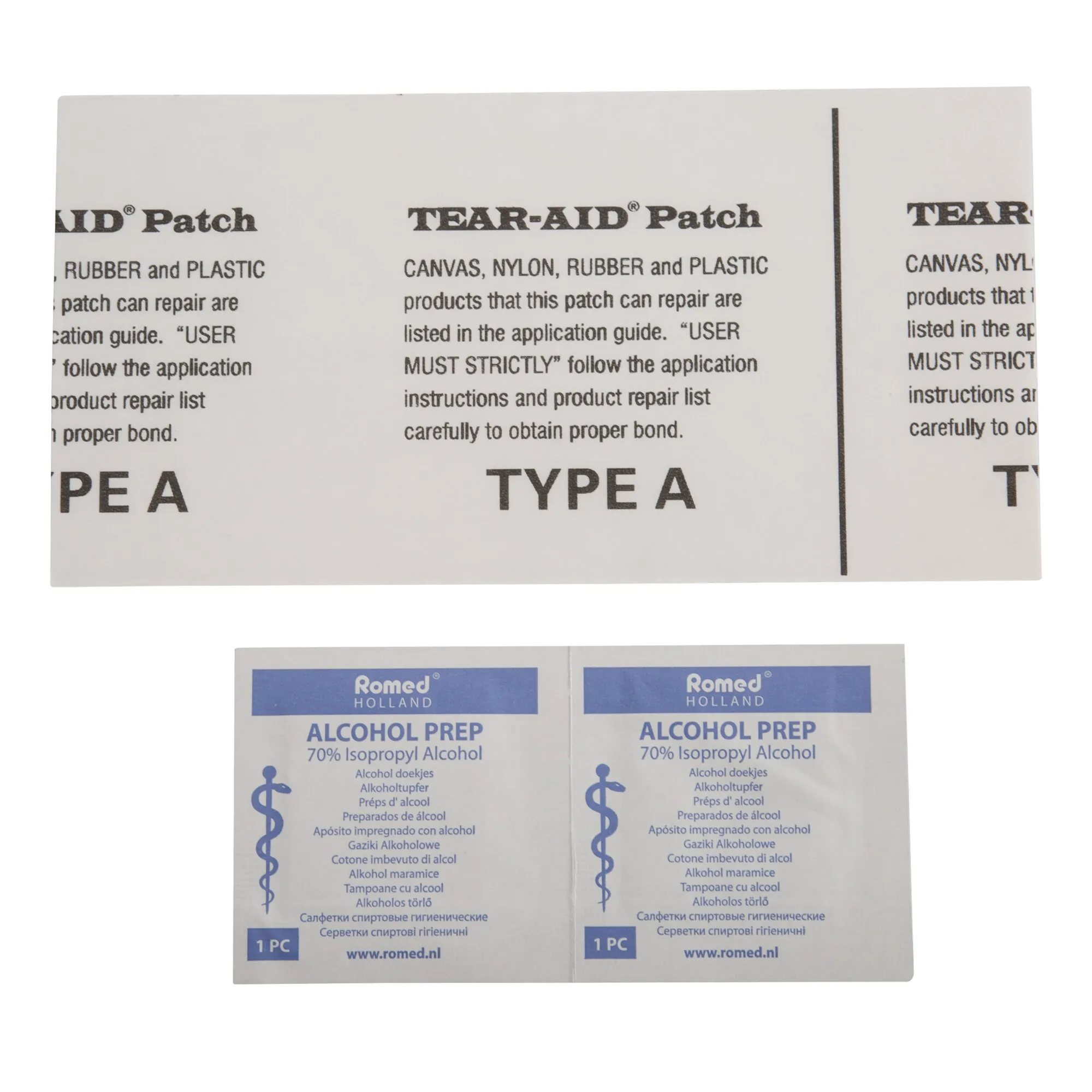 Reparaturset Tear-Aid Set A mit Tear-Aid-Patch Typ A und zwei Alkohol-Reinigungstüchern von Romed Holland