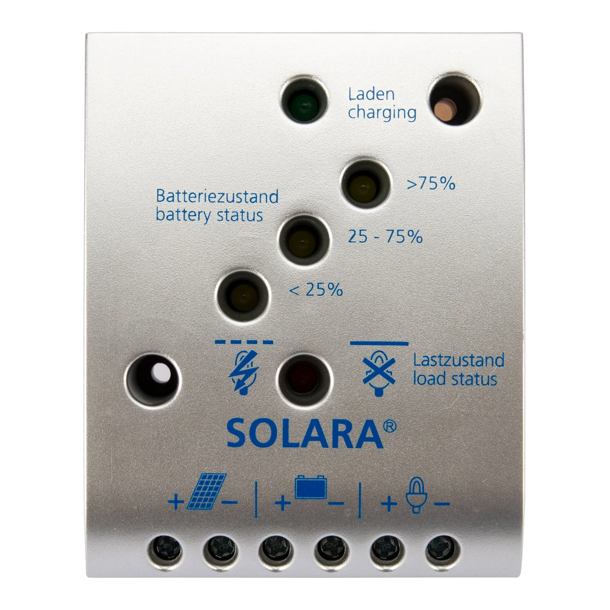 Solar Laderegler PWM SR175TL von Solara mit LEDs für Lade- und Batteriestatus sowie Anschlüssen für Solarmodul, Batterie und Verbraucher