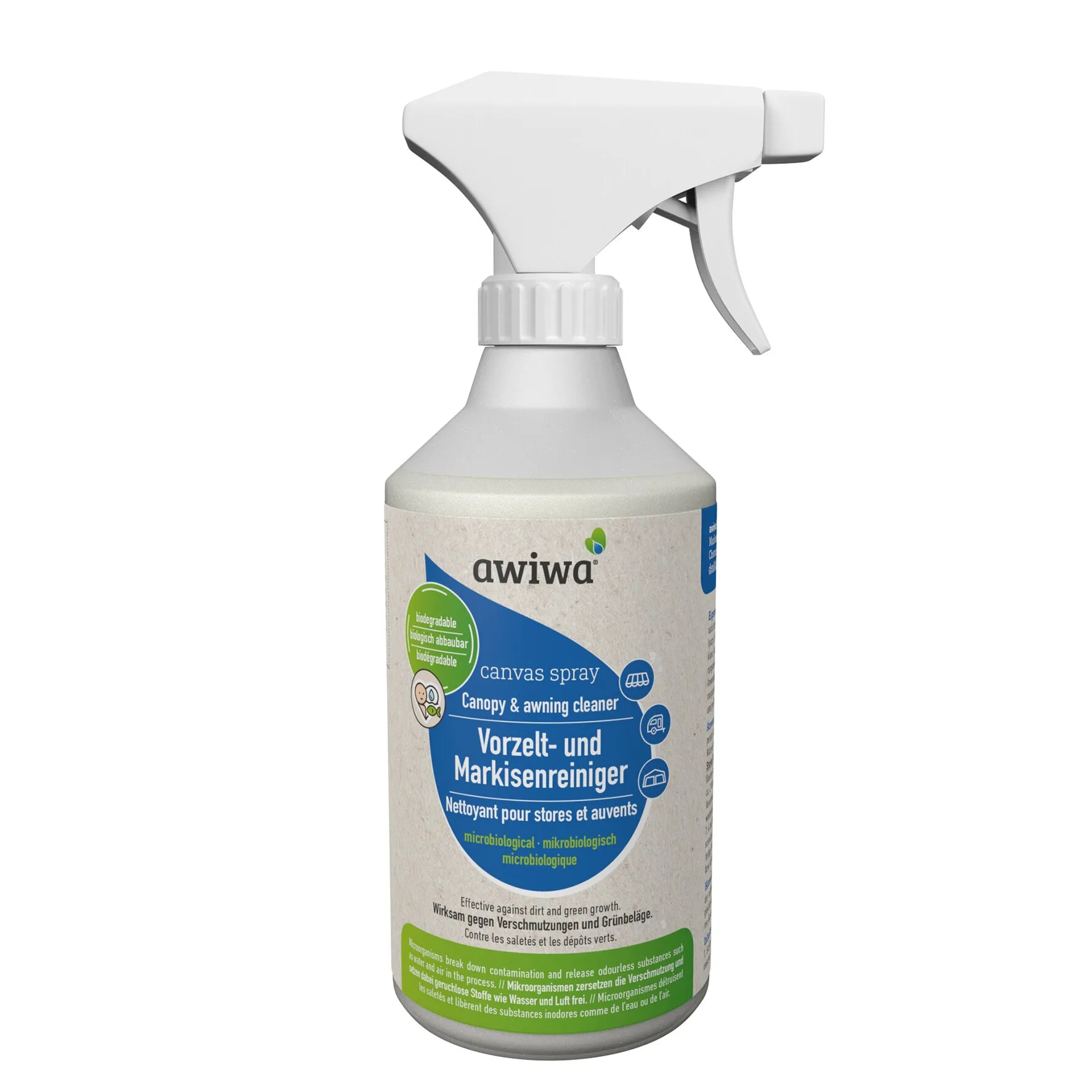 awiwa canvas Spray Vorzelt- und Markisenreiniger in grauer 500-ml-Sprühflasche mit weißem Sprühkopf