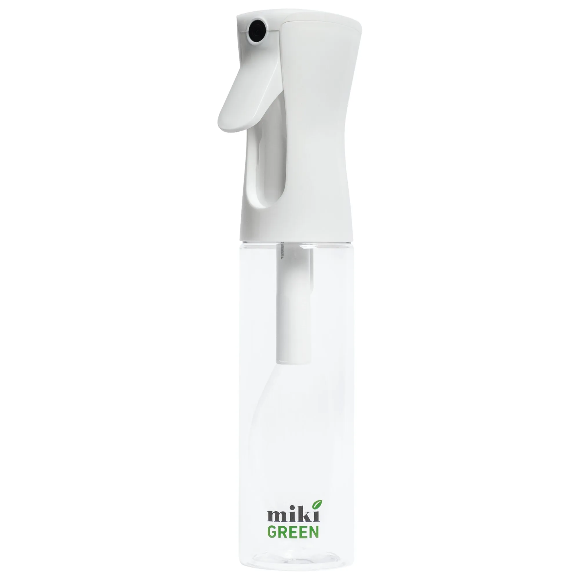 Weiße Sprühflasche Miki Green mit transparentem Behälter, weißem Sprühkopf und sichtbarem Steigrohr