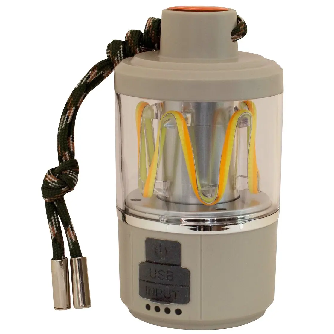 Wiederaufladbare Campinglampe STRING in beigem Gehäuse mit transparentem Lampenkopf, gelbe LEDs in Zickzack, Aufhängekordel und USB-Eingang