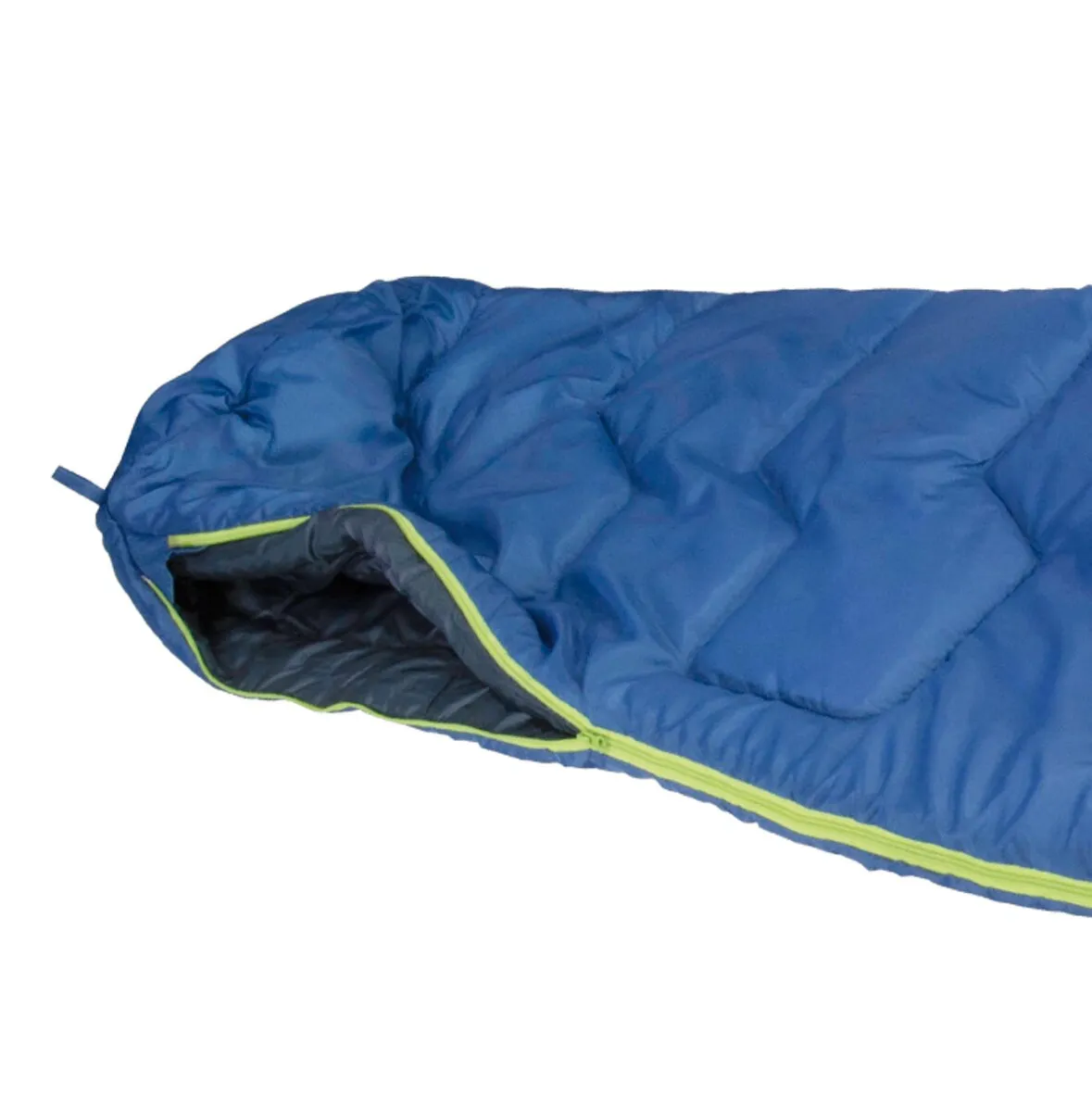 Blauer Mumienschlafsack Action 250 mit geöffneter Kapuze, schwarzem Innenfutter und hellgrünem Reißverschluss