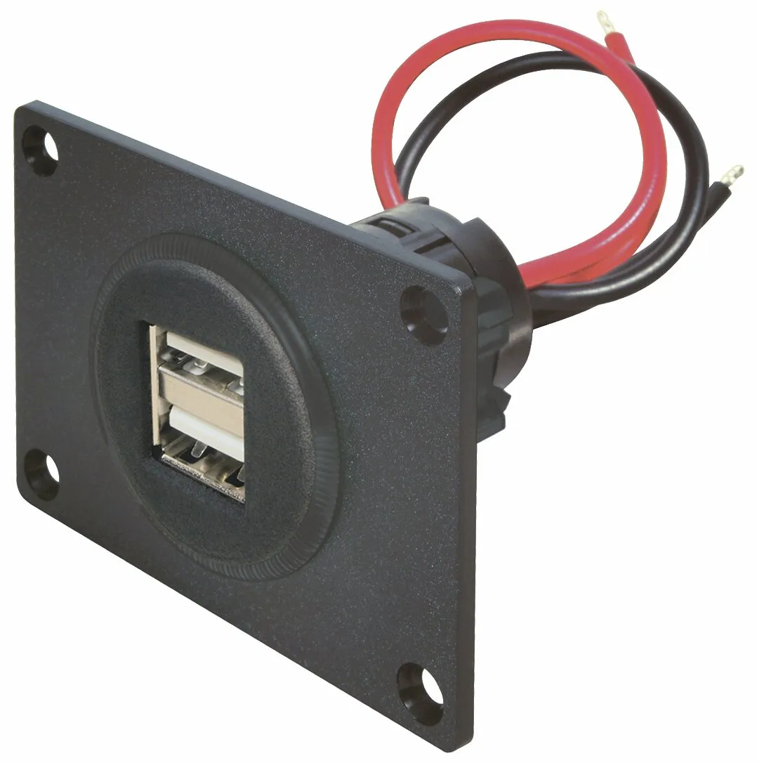 Schwarze Power-Einbausteckdose mit zwei USB-A-Anschlüssen, Montageplatte und roten sowie schwarzen Anschlusskabeln