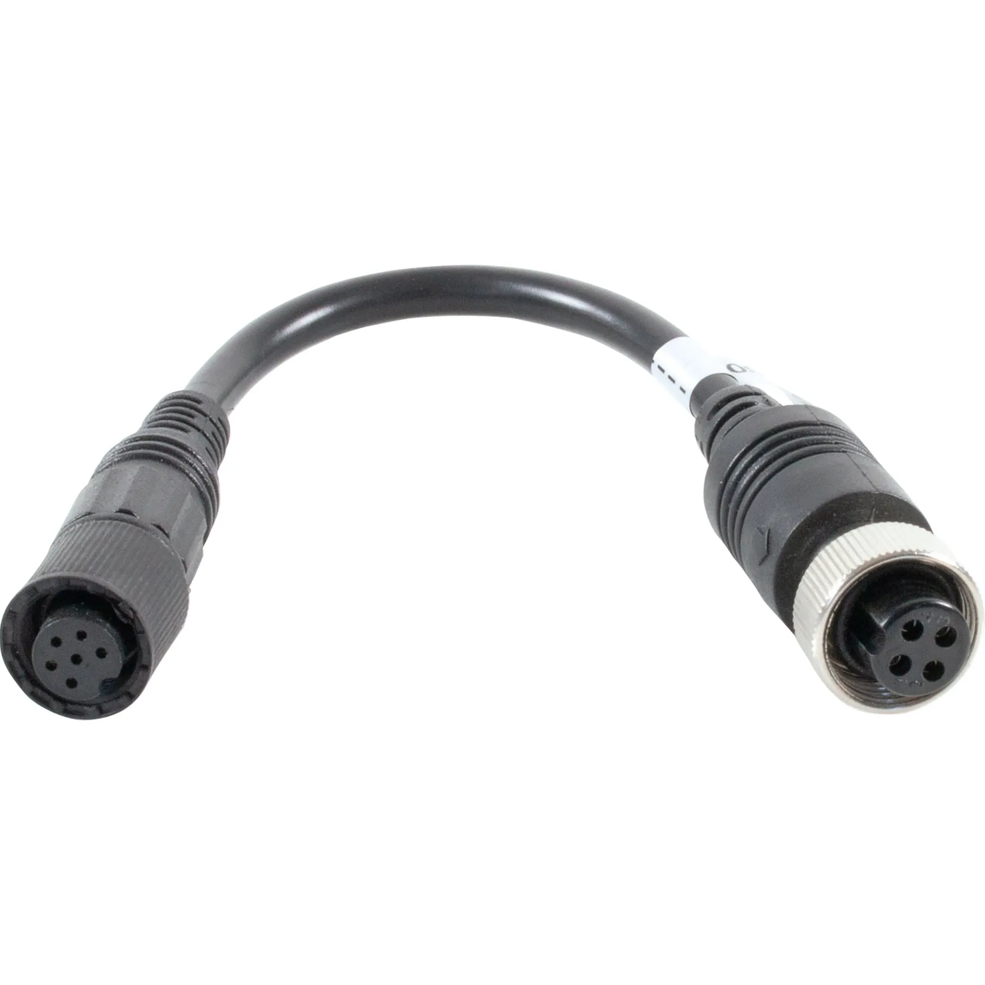 Schwarzes Adapterkabel mit 6-poliger Mini-Schraubkupplung und 4-poliger Metallschraubkupplung mit silbernem Ring
