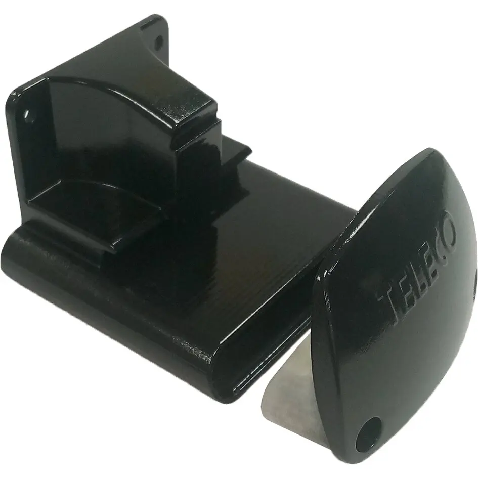 Schwarze Metall-Wandhalterung für Router mit flacher Grundplatte, vertikaler Halterbox und runder Abdeckung mit Teleco-Schriftzug