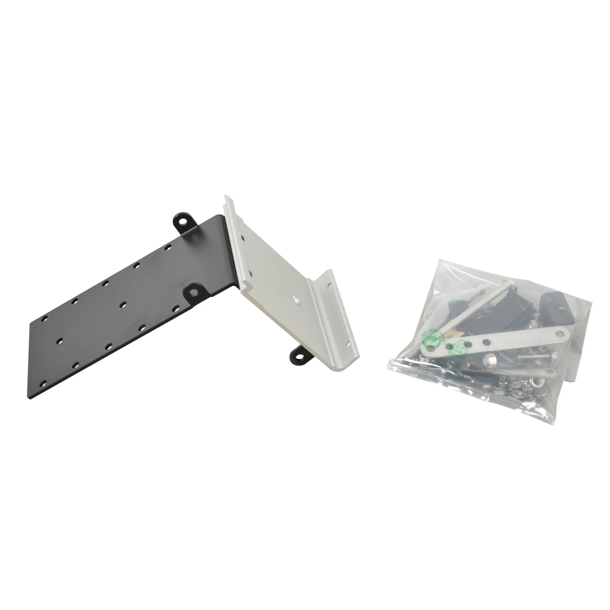 Universaladapter-Kit Roof Rail mit schwarzen und silbernen Metallhalterungen, Bohrungen und Beutel mit Befestigungsmaterial