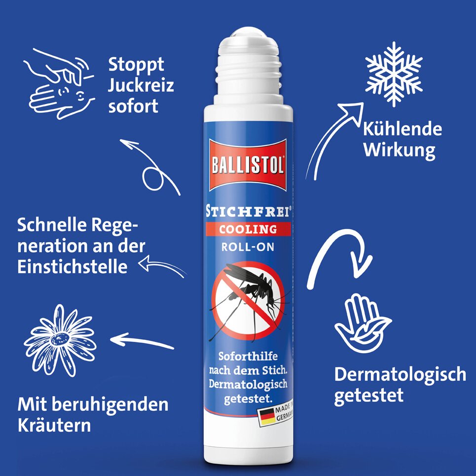 Ballistol Stichfrei Cooling Roll-On Flasche mit weißem Deckel vor blauem Hintergrund, Etikett zeigt Stichfrei Cooling Roll-On und Mücken-Symbol