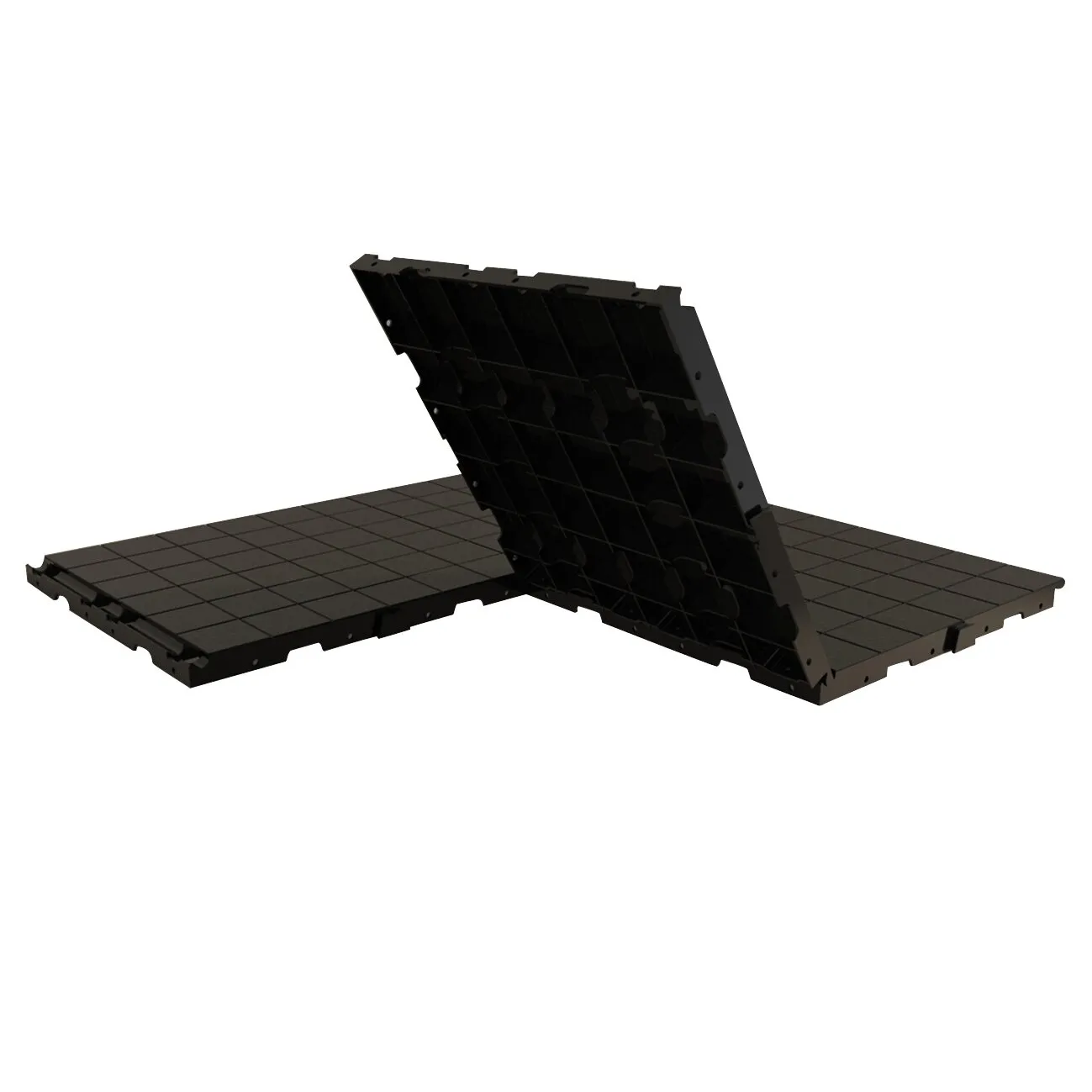 Bodenfliese IsabellaFloor als schwarzes Stecksystem mit quadratischer Oberfläche und hochgeklapptem Element in 3D-Ansicht