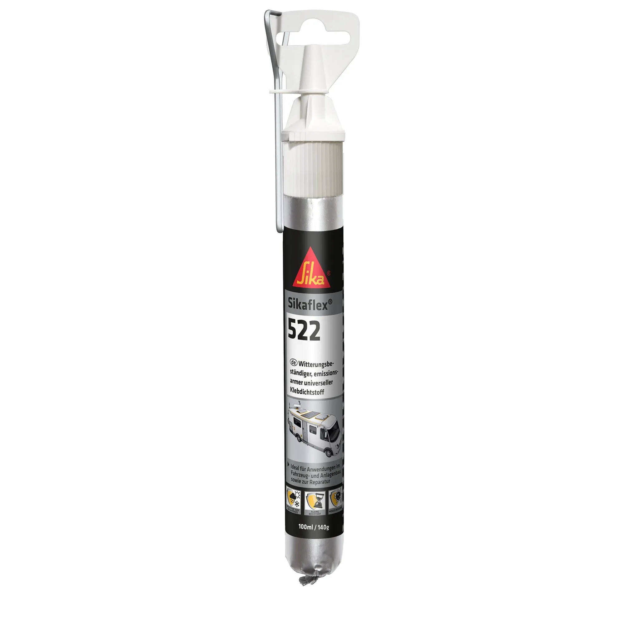 Sikaflex®-522 Kleb- und Dichtstoff in weißer 100-ml-Kartusche mit Sika-Aufdruck und Kunststoffaufsatz