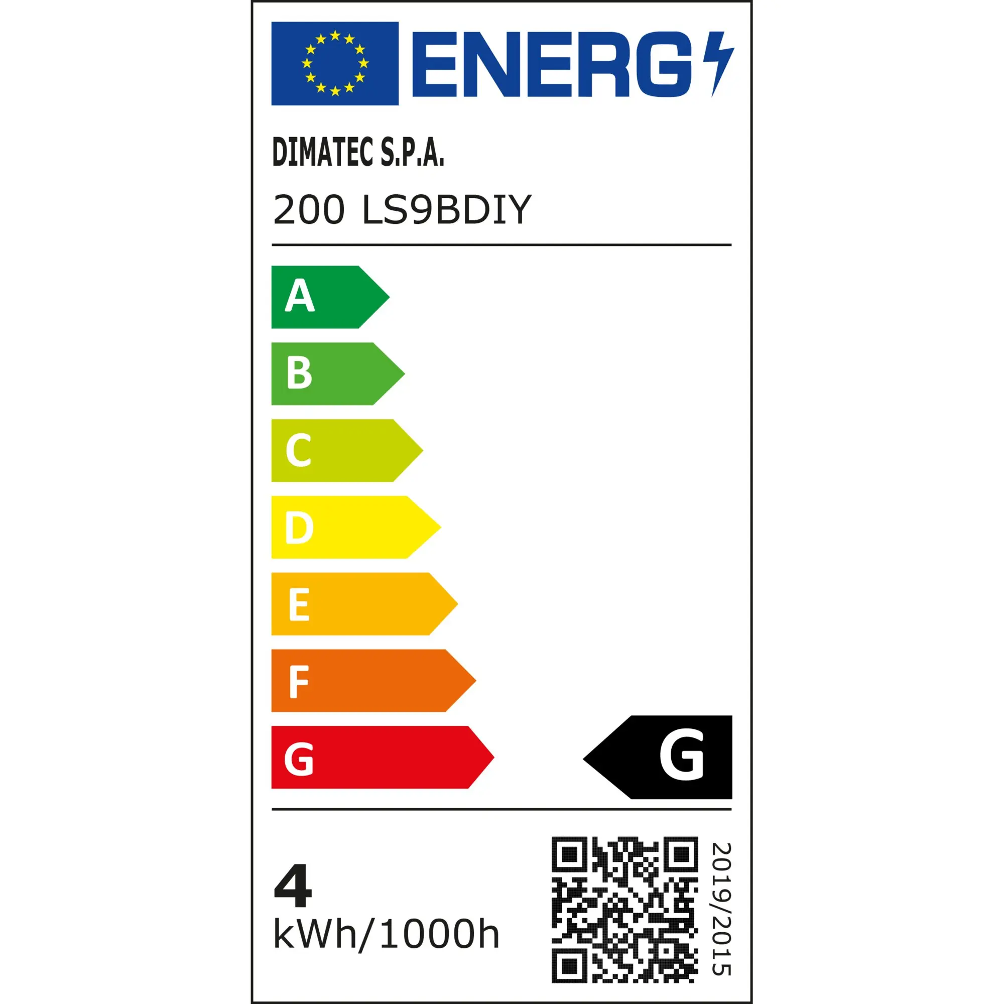 Energieeffizienzkennzeichnung mit farbiger A-G Skala aus Pfeilen, links farbige Blöcke A bis G, DIMATEC S.P.A. und 200 LS9BDIY, QR-Code rechts