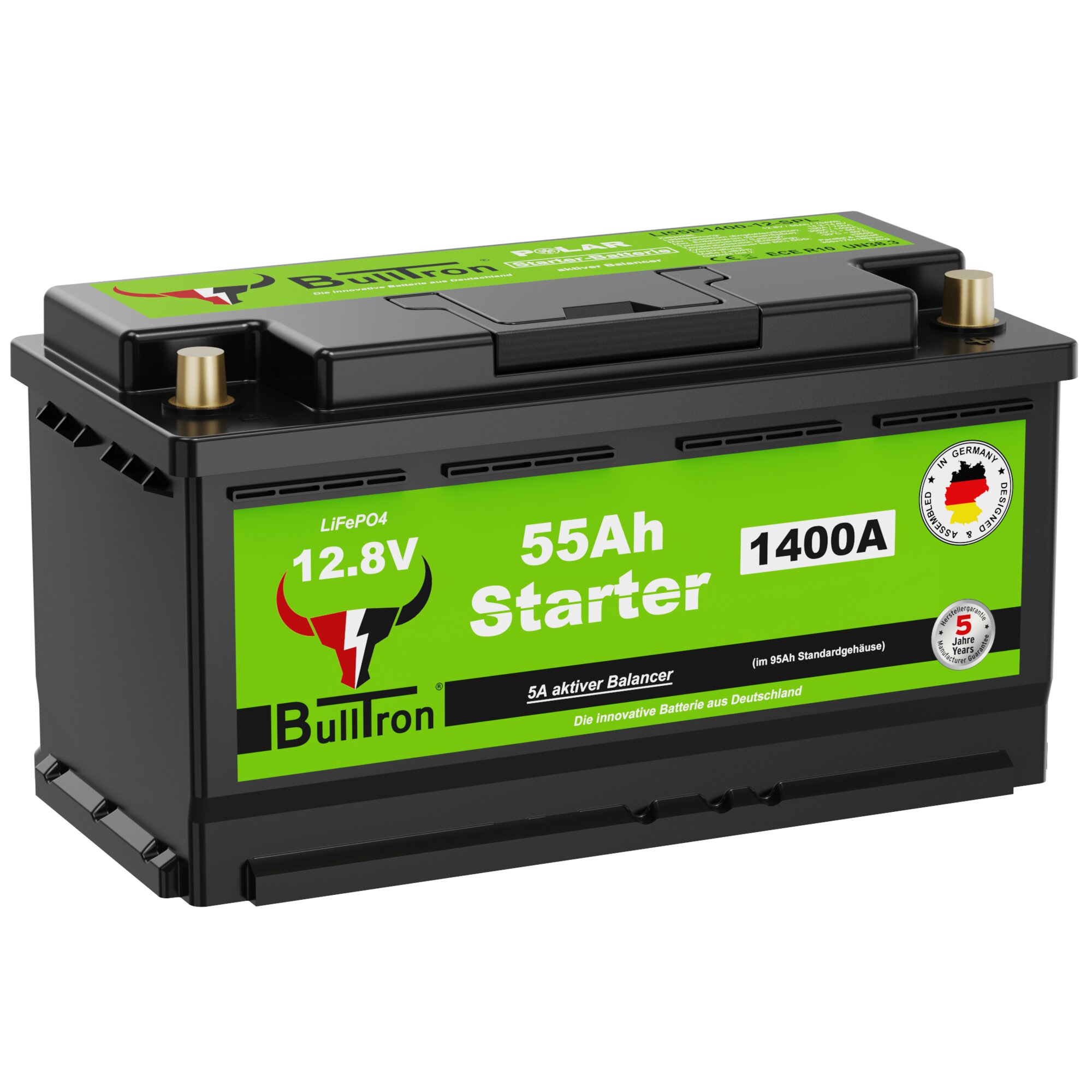 Schwarze Lithium-Starterbatterie mit grünem Etikett, zwei bronzefarbene Anschlussstifte oben, Beschriftung zeigt LiFePo4, 12,8V, 55Ah und 1400A