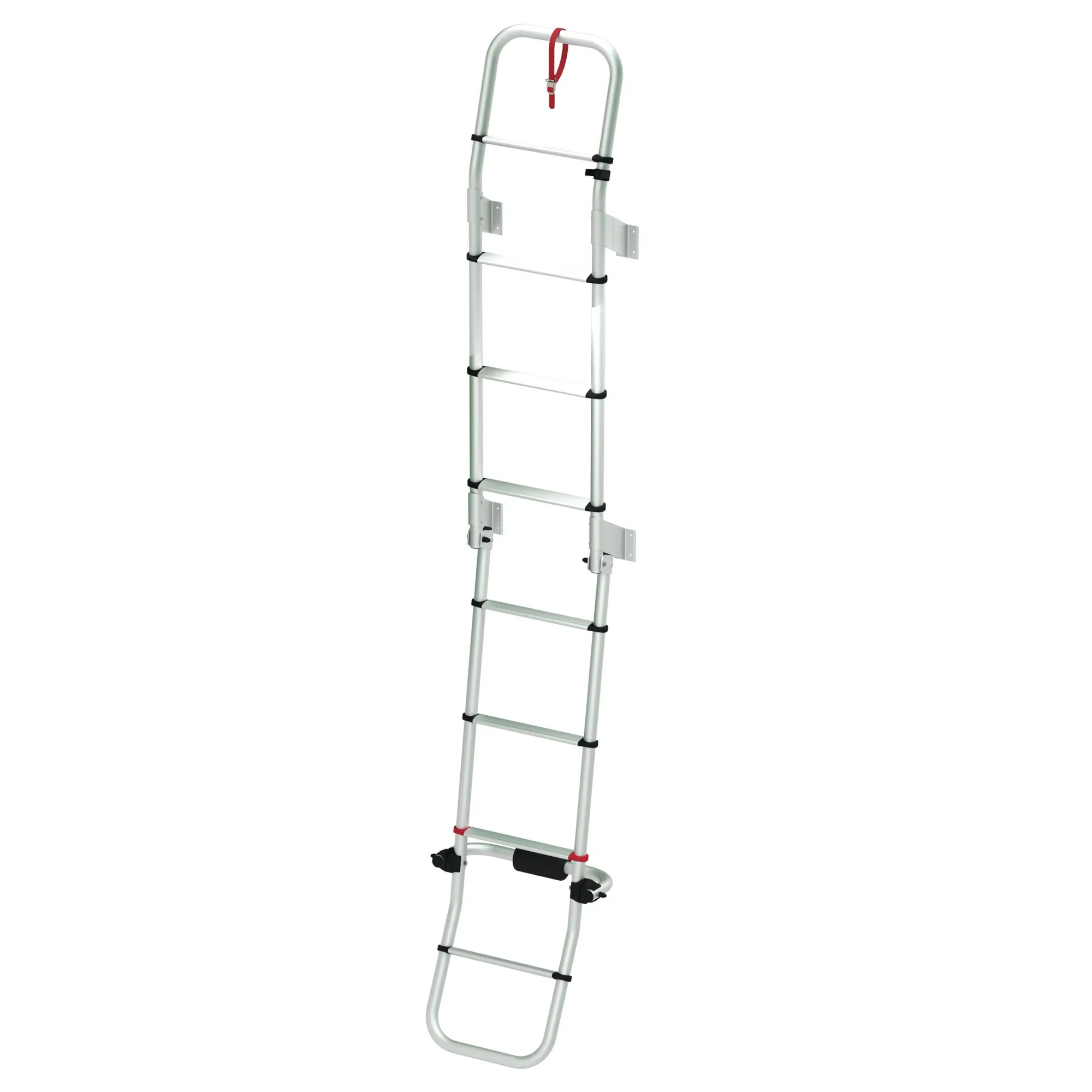 Klappbare Außenleiter Deluxe 8 aus weißem Aluminium mit acht Sprossen, Haltebügel, Befestigungswinkeln und rotem Sicherungsgurt