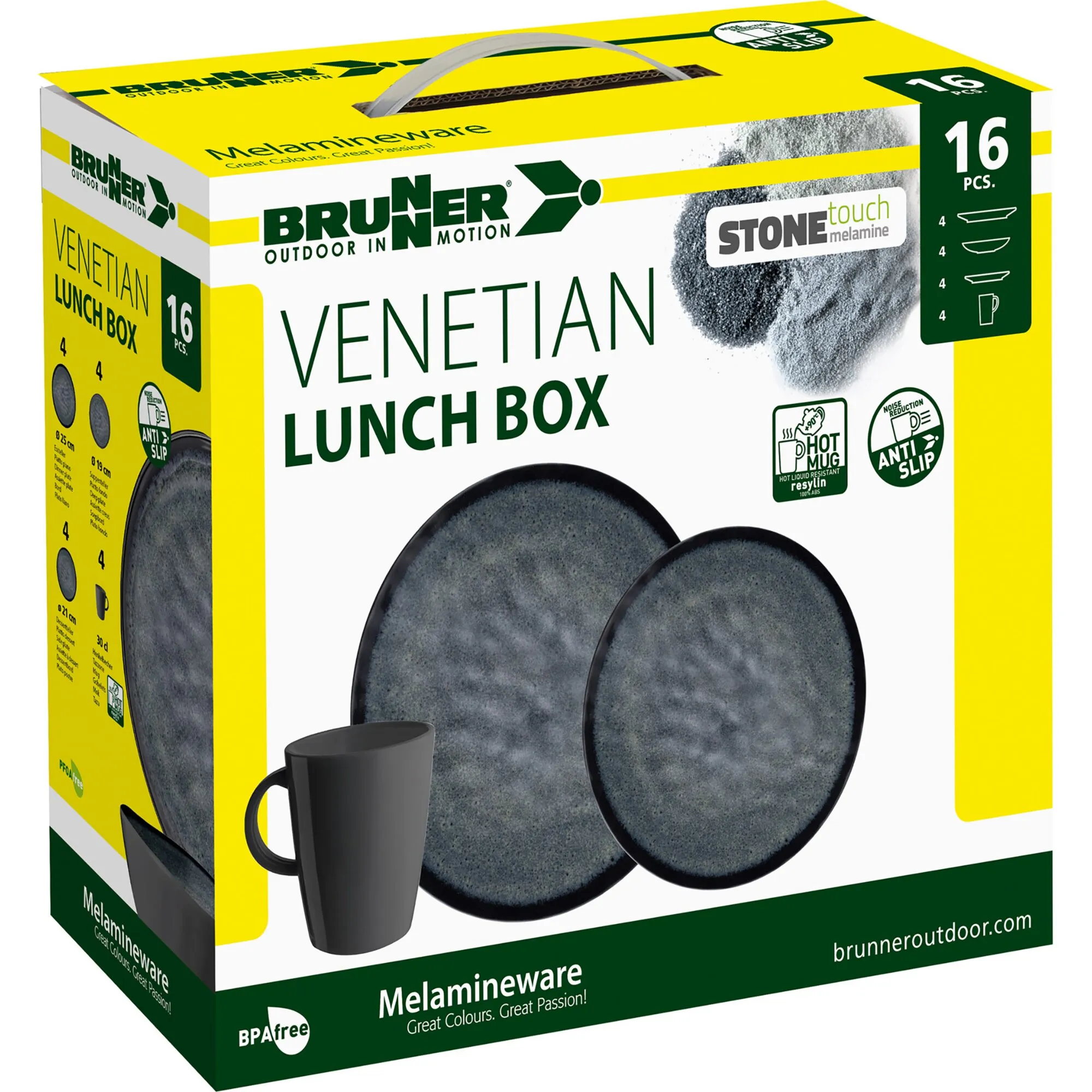 Brunner Geschirrset Venetian, 16-teilig aus grauem Melamin mit Tellern, Schalen, Bechern und Besteckbox in Verpackung