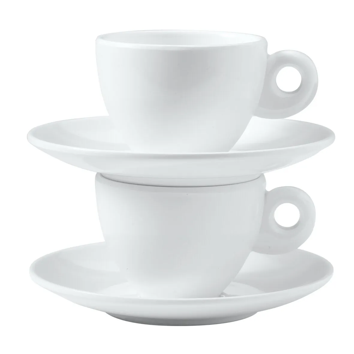Zwei weiße Espressotassen der Geschirrserie Highline Edelweiß mit runden Henkeln, jeweils auf einer Untertasse
