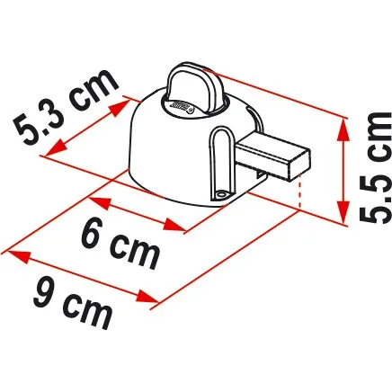 Türverriegelung Safe Door Guardian Universal in Weiß mit Bügel und Riegel, technische Zeichnung mit Maßen von 5,3 bis 9 cm