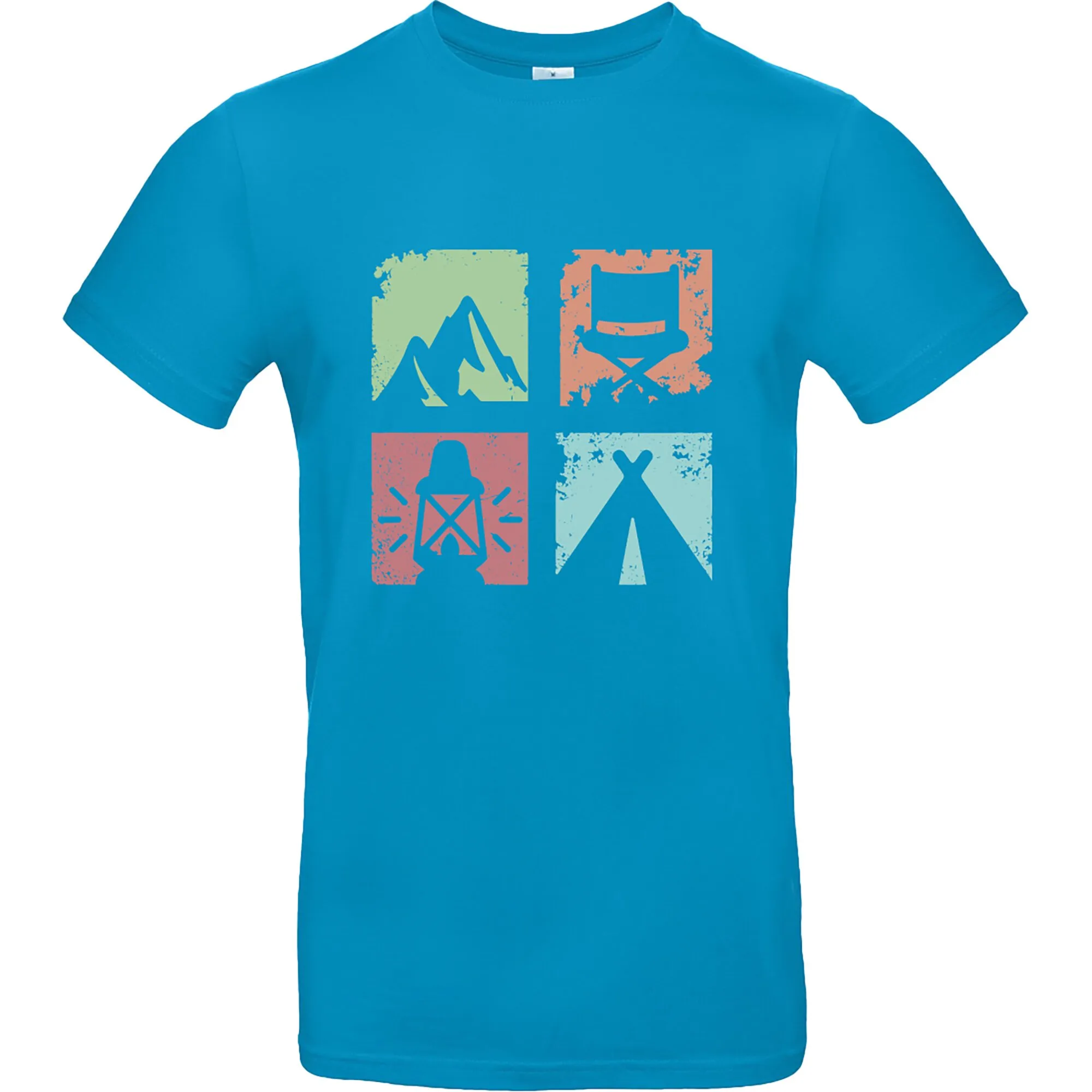 Türkisblaues T-Shirt Vanlife 1 in Größe XL mit vierfarbigem Aufdruck von Berg, Campingstuhl, Klappstuhl und Zelt