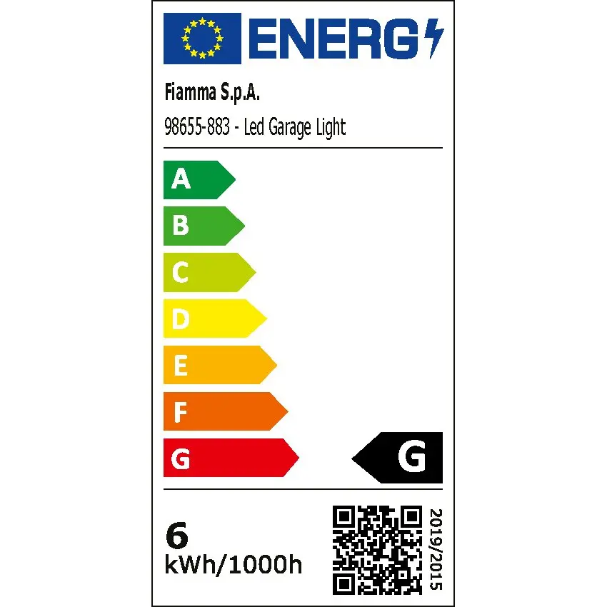 Energieetikett der Fiamma LED-Garagenleuchte 98655-883 mit Energieeffizienzklasse G und Verbrauch von 6 kWh/1000 h