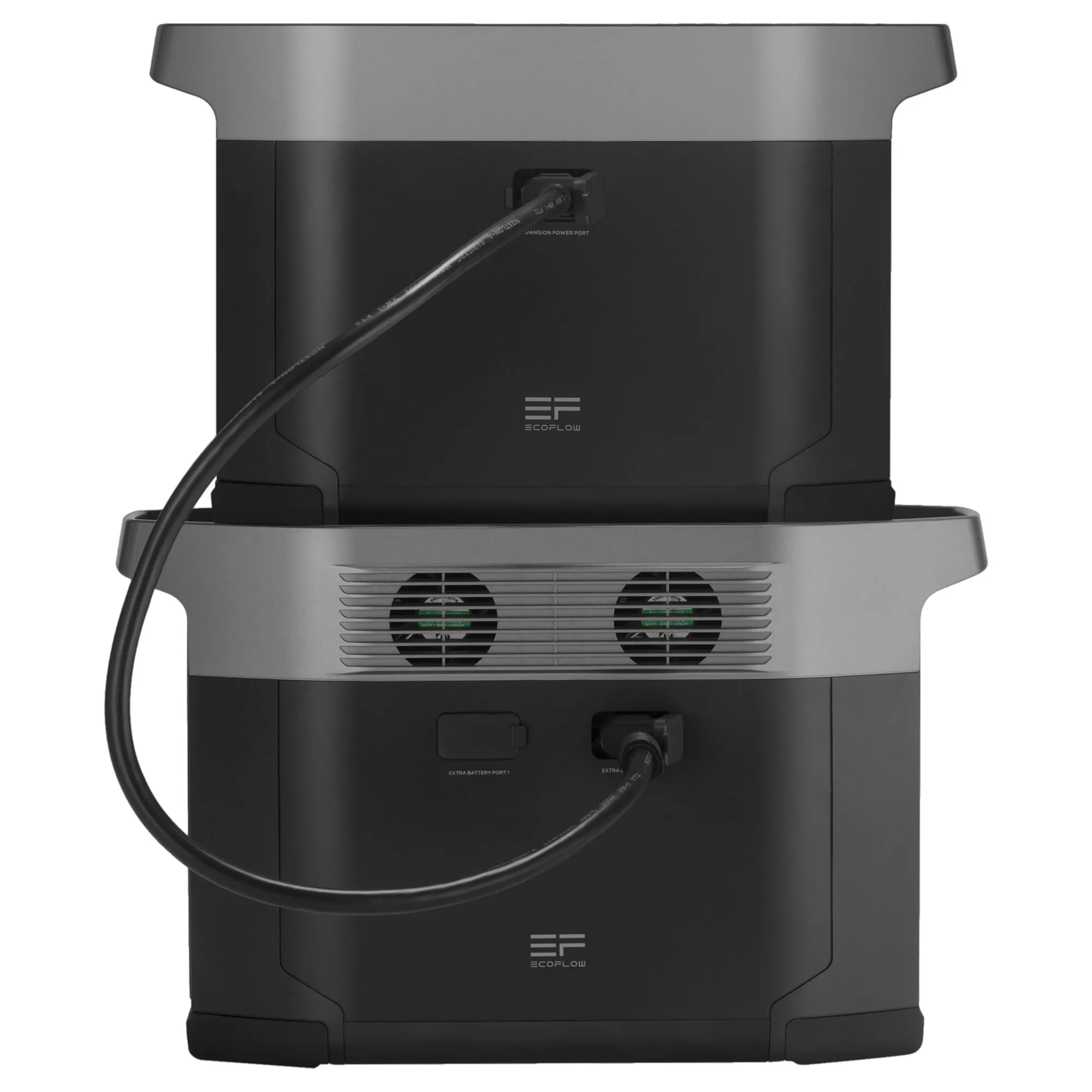 EcoFlow DELTA Max Verbindungskabel verbindet eine schwarze Powerstation mit einem Zusatzakku über die Erweiterungsanschlüsse