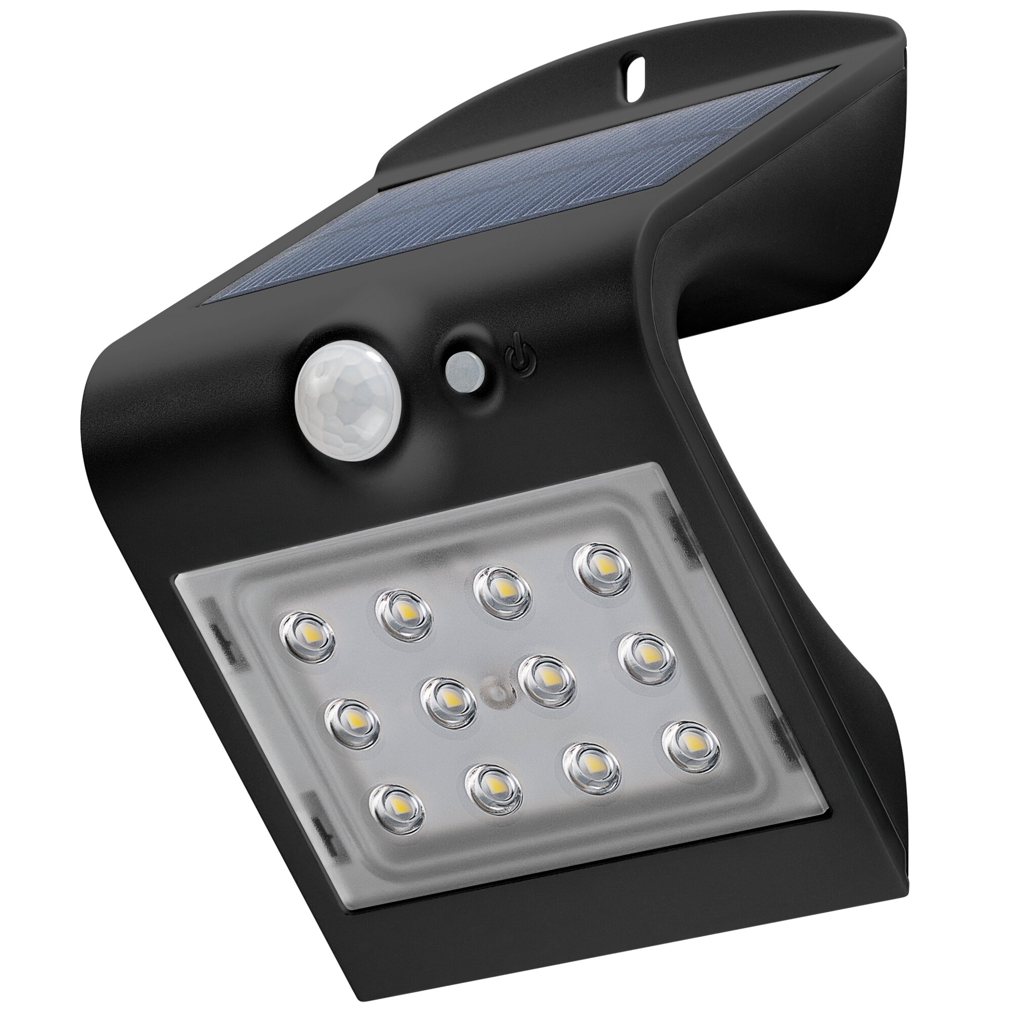 Schwarze LED-Solar-Wandleuchte mit Bewegungsmelder, Nahaufnahme: sichtbares Solarpanel auf der Oberseite, LED-Matrix im Frontbereich und ein weißer runder Sensor
