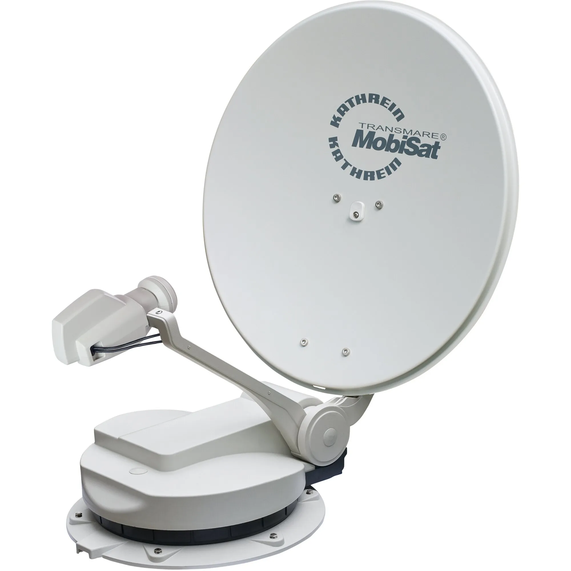 Weiße, motorisierte Satellitenanlage CAP 750 GPS mit runder Kathrein-Transmare-MobiSat-Parabolantenne und Drehbasis