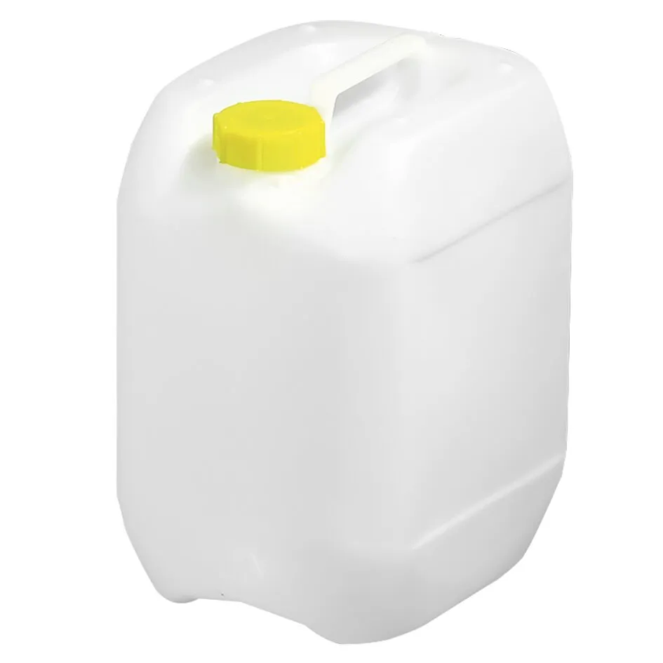 Weißer Kunststoff-Wasserkanister mit gelbem Schraubverschluss und Tragegriff, Kapazität 10 Liter