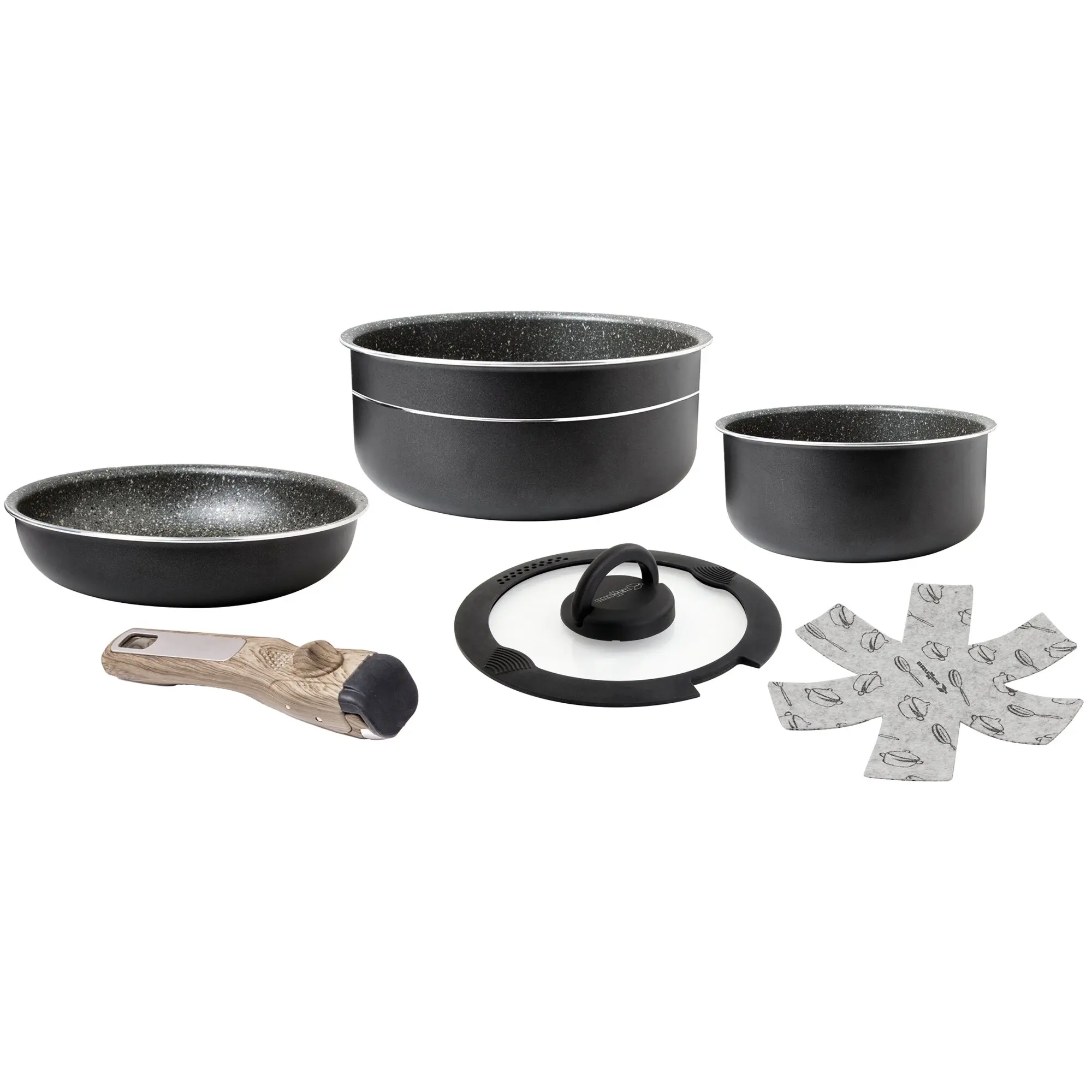 Topfset Pirate Spacemaster Mini, mehrteiliges Set mit schwarzen Töpfen und grau-sprenkelten Innenflächen, Glasdeckel und Holzlöffel