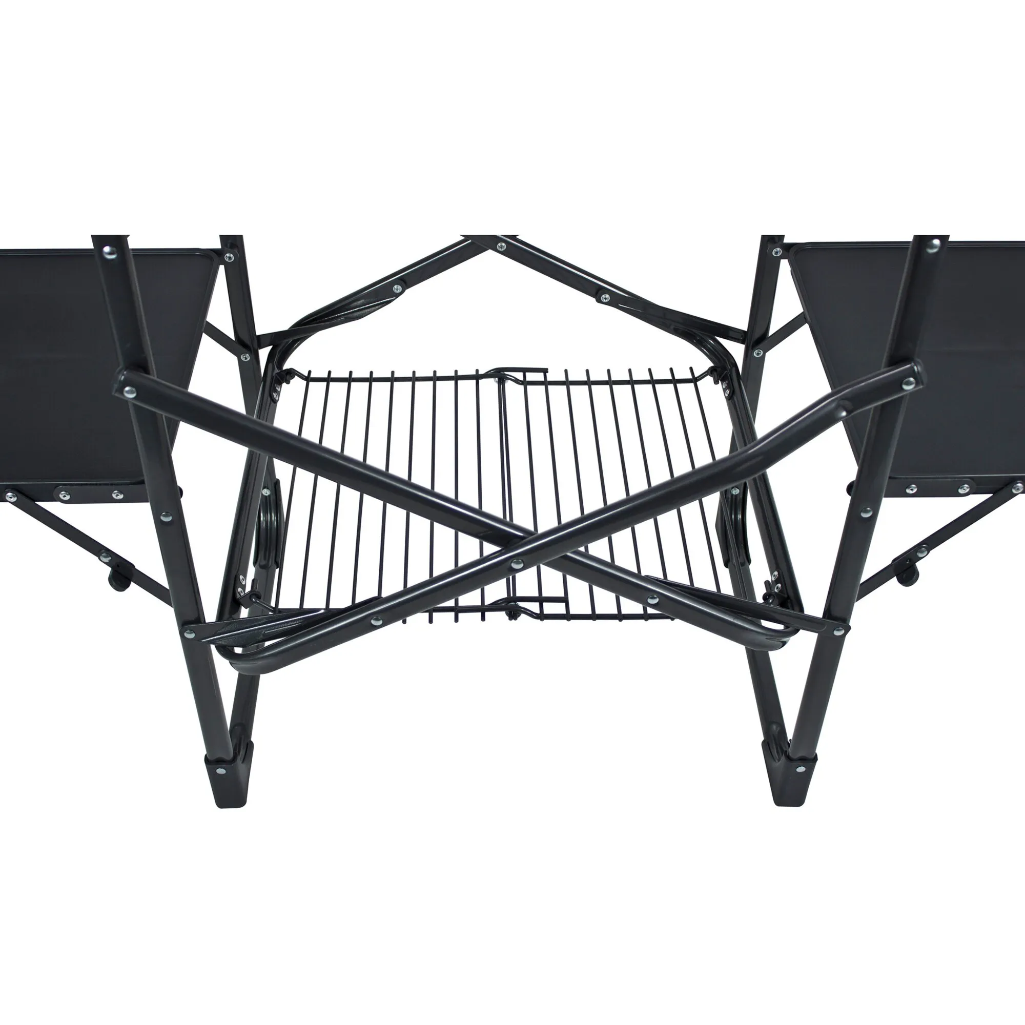 Schwarze Campingküche Slim-Fold Cook Station mit klappbarem Gestell, seitlichen Arbeitsflächen und mittigem Drahtablagekorb
