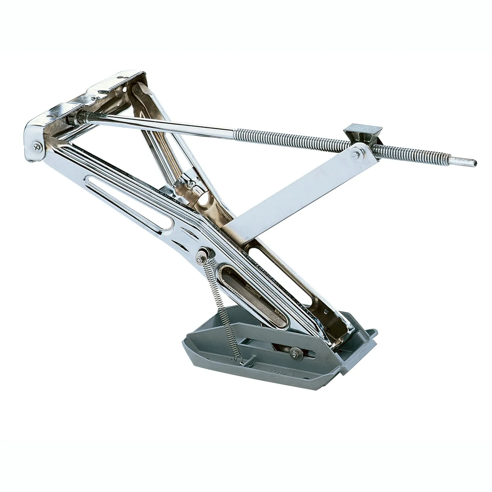 Verchromter metallischer Abstützfuß big foot™ mit Gewindespindel, Scherenmechanik und grauer Standplatte geschniegelt