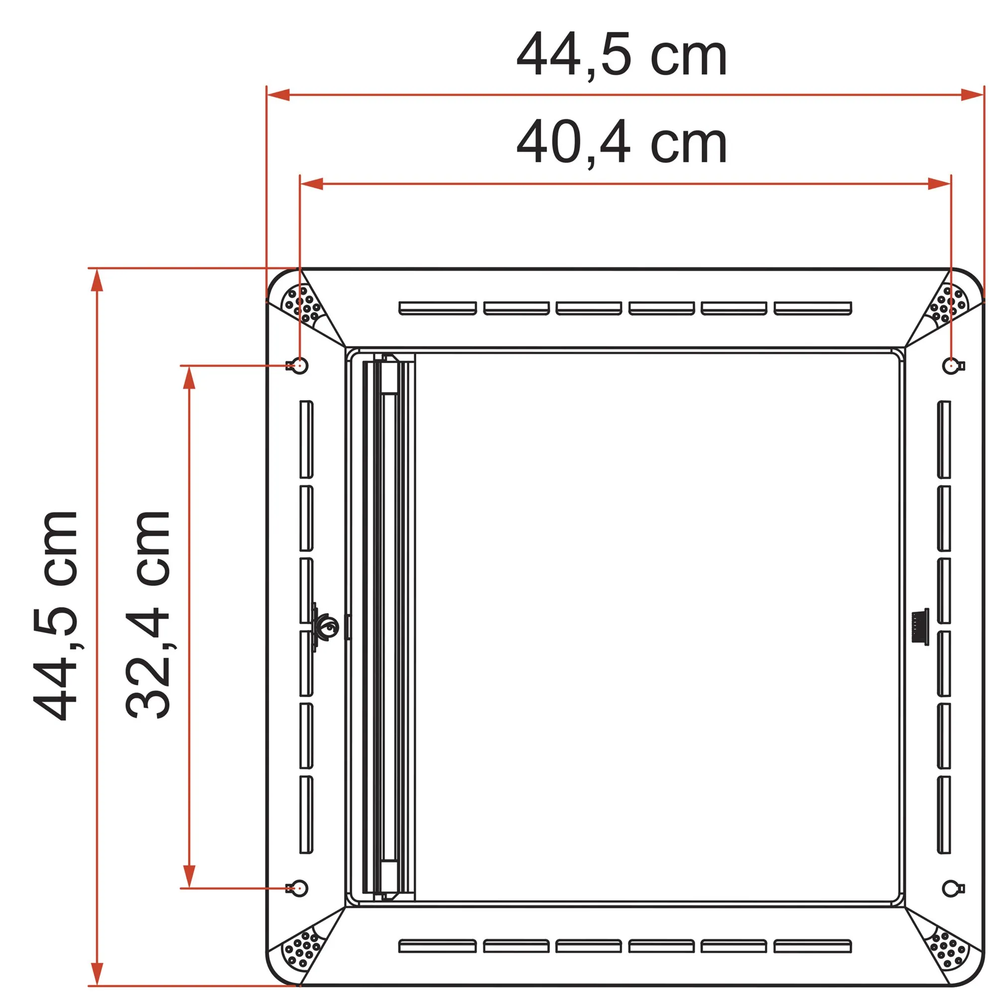 Technische Maßzeichnung des Verdunkelungsrollos Rollo Vent 40 mit Rahmen, Lüftungsschlitzen und Maßen 44,5 × 44,5 cm sowie 40,4 × 32,4 cm