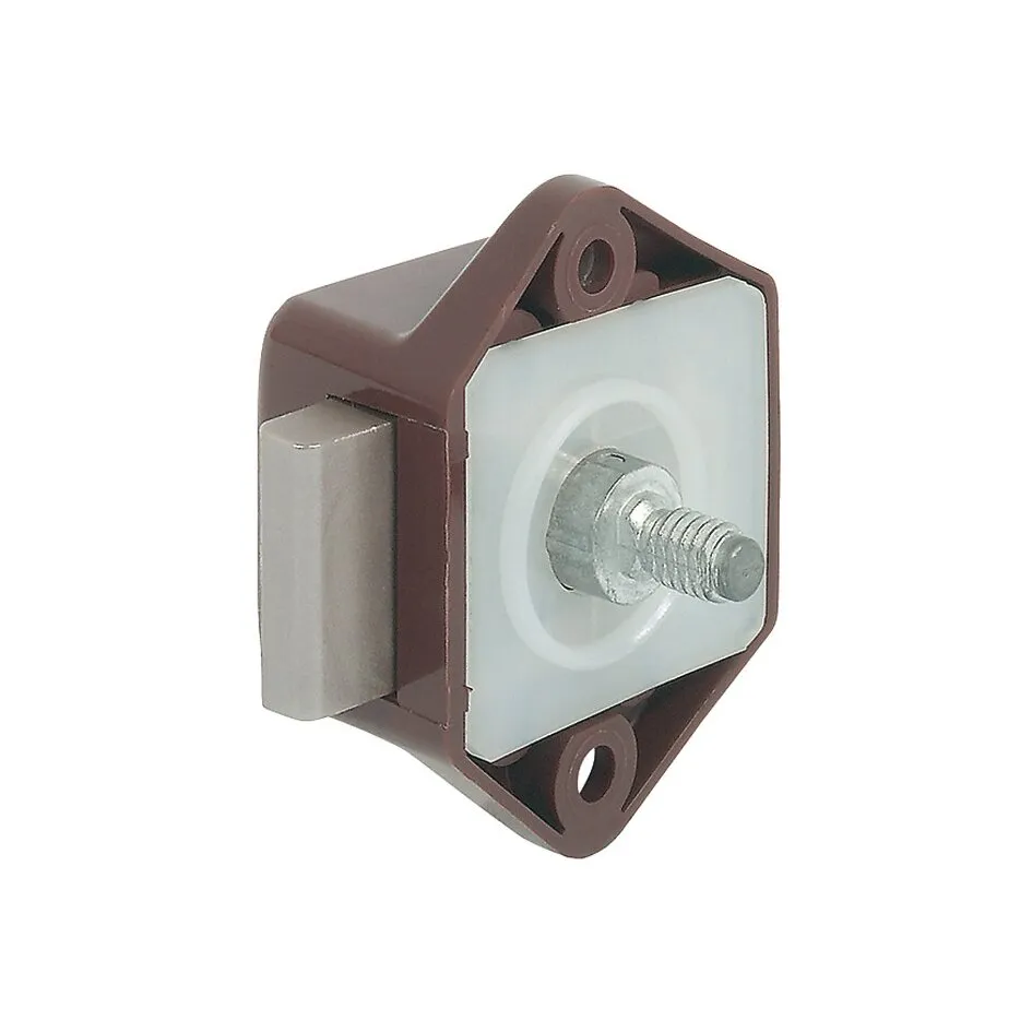 Braunes Aufschraub-Riegelschloss Push-Lock Mini in perspektivischer Ansicht mit silbernem Riegel und Befestigungsgewinde