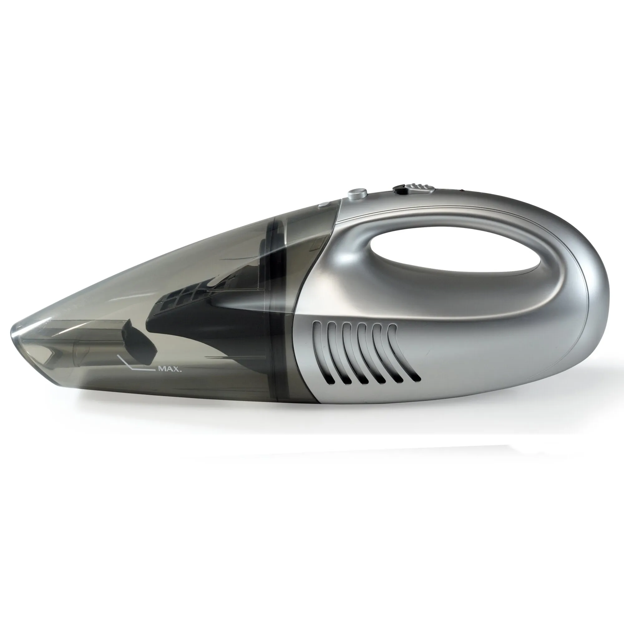 Silber-grauer Handstaubsauger Wet & Dry in Seitenansicht mit transparentem Staubbehälter, MAX-Markierung und ergonomischem Griff