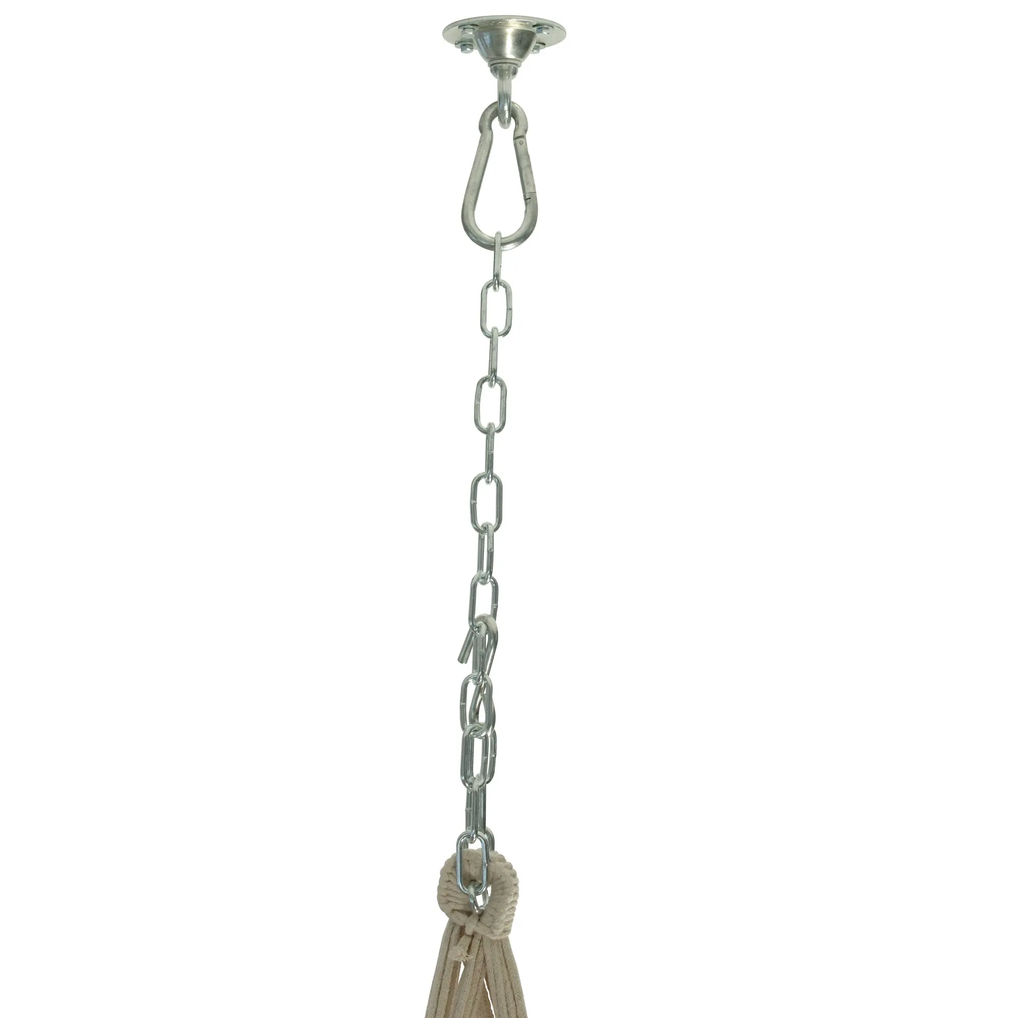 Power Hook Deckenhaken mit runder Deckenplatte darunter eine robuste Gliederkette mit großem ovalem Haken und unten geflochtenes Seil mit Knoten