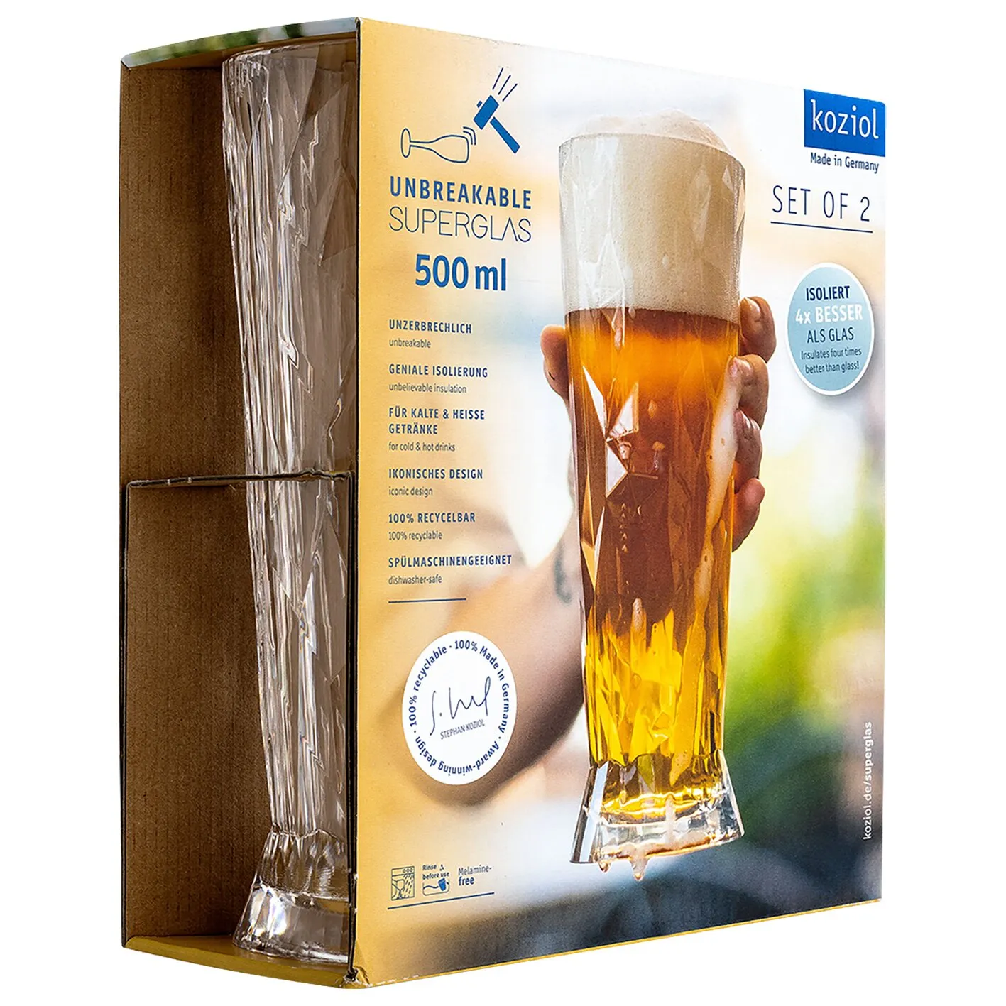 Verpackung mit zwei transparenten, facettierten Koziol Superglas CLUB Weißbiergläsern, jeweils 500 ml, eines mit Bier und Schaum abgebildet