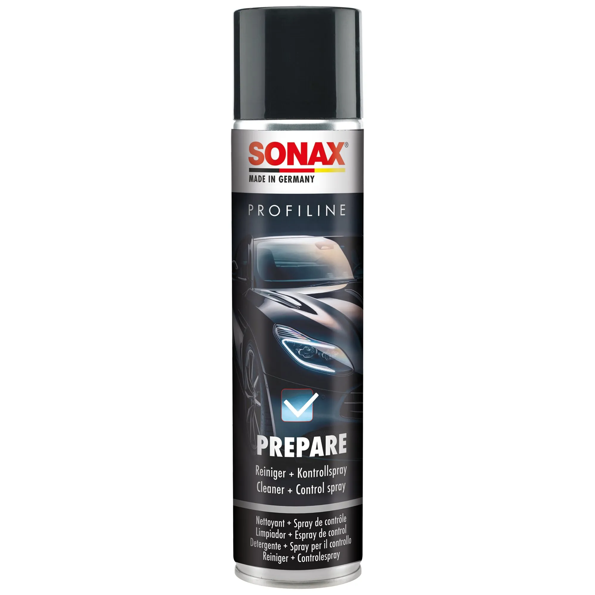 Silberne SONAX PROFILINE Prepare Spraydose mit schwarzem Deckel, 400 ml, für Reiniger und Kontrollspray