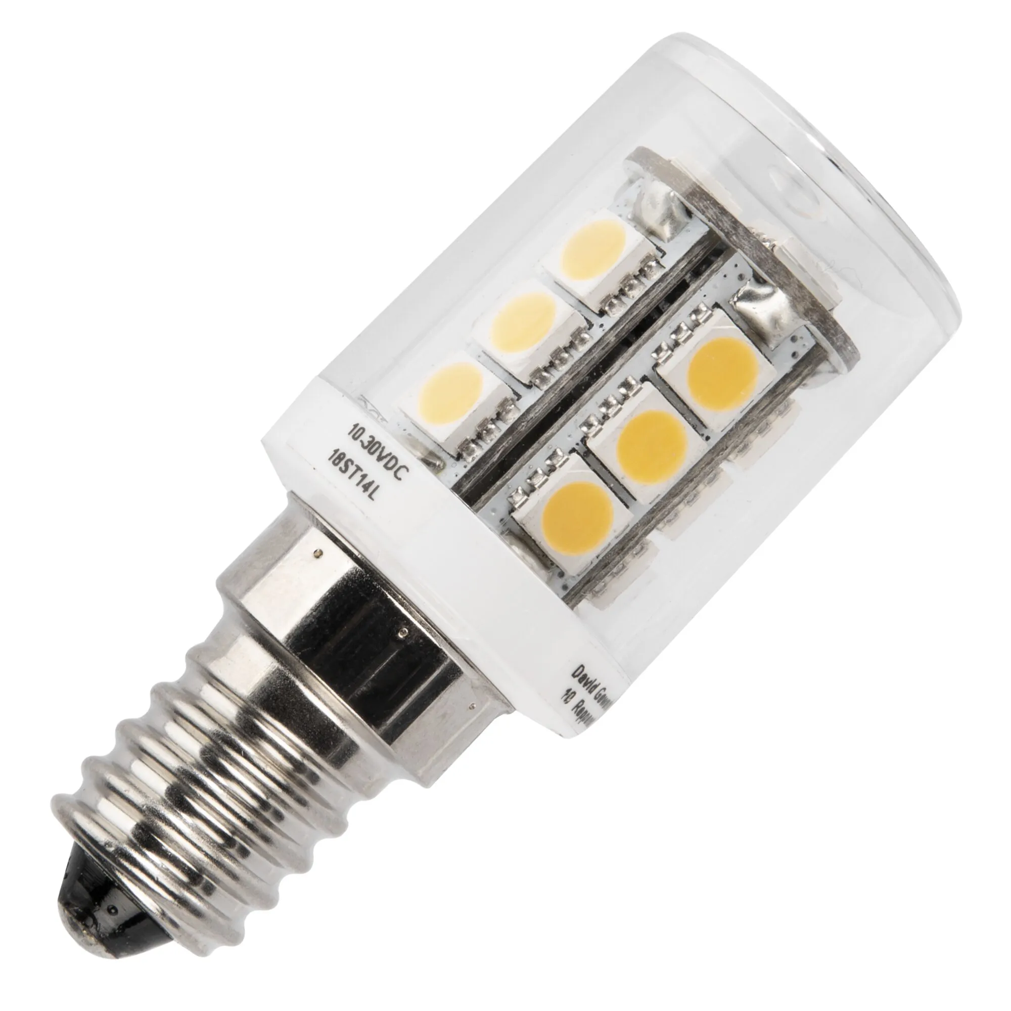 LED-Leuchtmittel mit E14-Schraubsockel, transparentem Gehäuse und mehreren sichtbaren gelben LED-Chips in Nahaufnahme