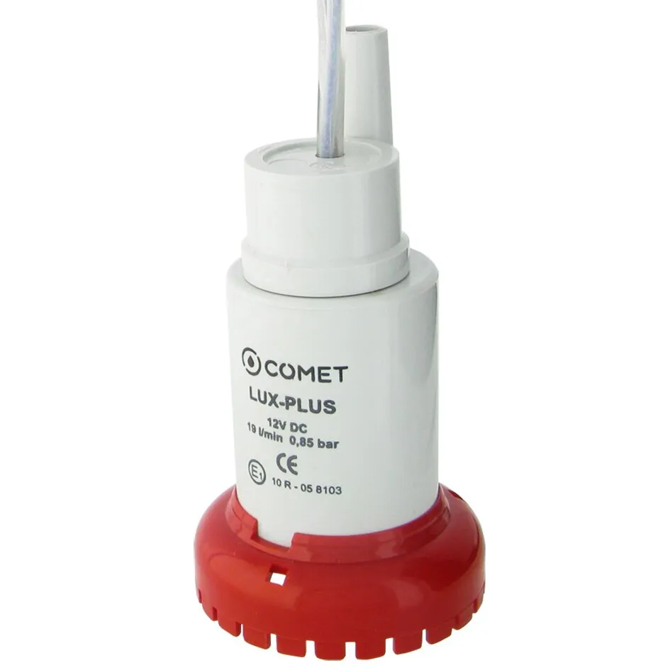Weiße Comet Lux-Plus Tauchpumpe mit rotem Fuß, 12 V DC, 19 l/min und 0,85 bar