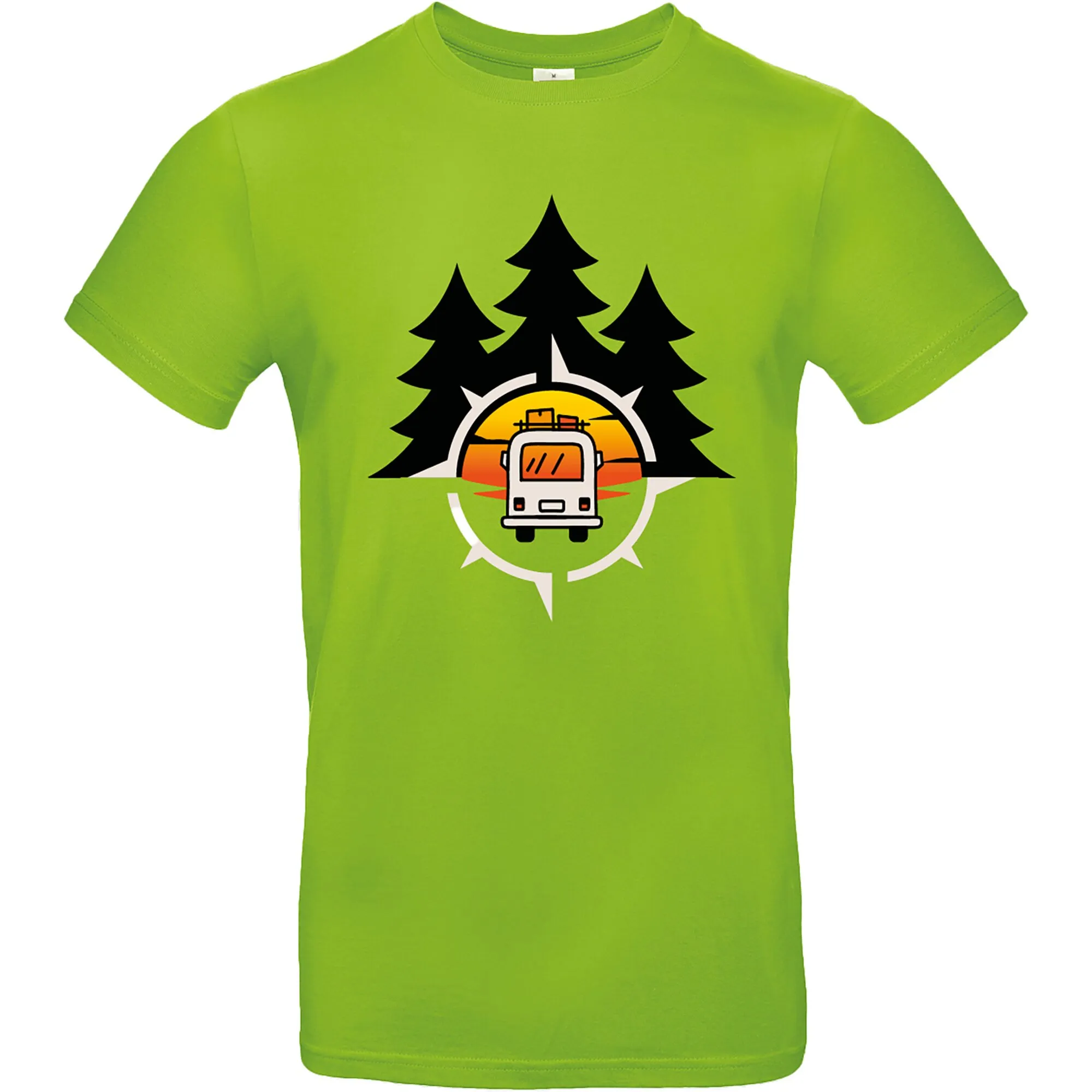 Apfelgrünes T-Shirt Vanlife 2 in Größe M mit schwarzem Tannenwald, Sonnenuntergang und Campingbus auf dem Frontaufdruck