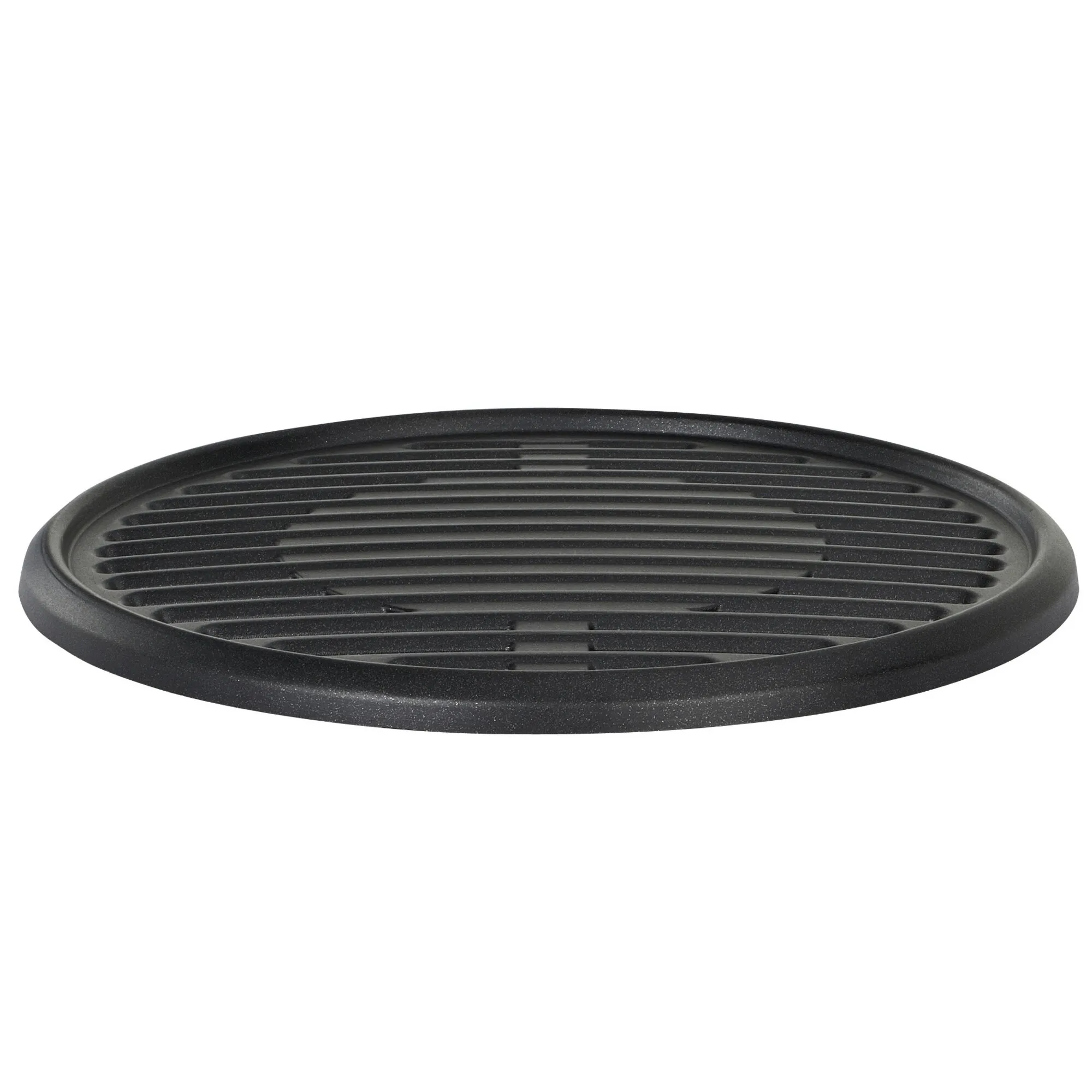 Schwarze ovale Grillplatte des Party Grill 200 CV mit geriffelter Grillfläche und breitem Rand in Innenansicht
