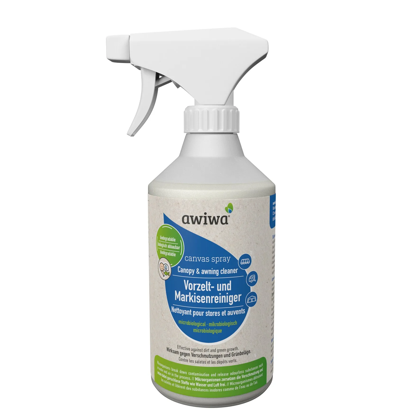 Weiße Sprühflasche von awiwa mit 500 ml Canvas-Spray, Vorzelt- und Markisenreiniger für Textilien