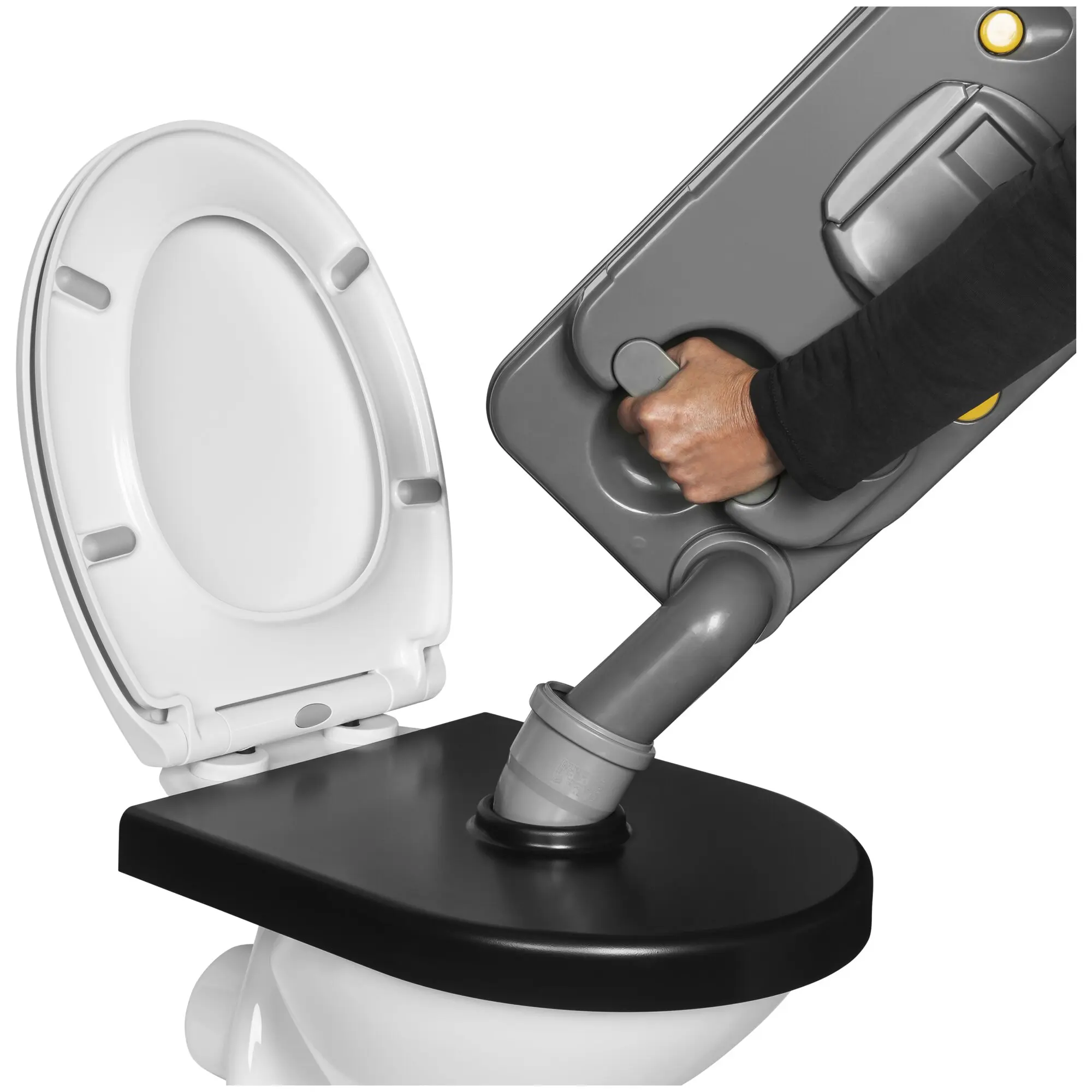 CATO Toilettenauflage schwarz, nahaufnahme eines grauen Montagesystems mit Hand, die einen runden Hebel betätigt, weißer Toilettendeckel im Vordergrund