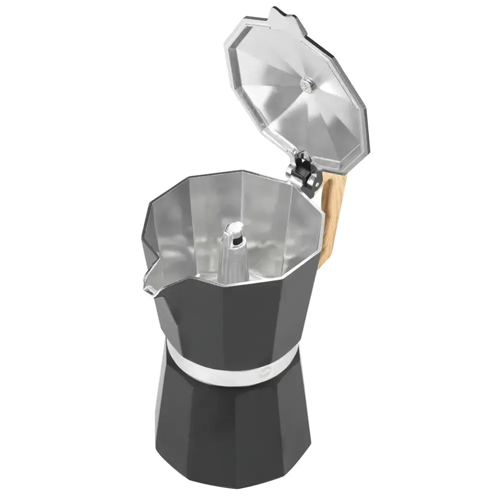 Octagonaler Espressokocher mit schwarzem Gehäuse, silberner Innenkammer und offenem Deckel; Holzgriff seitlich sichtbar, 300 ml Fassungsvermögen
