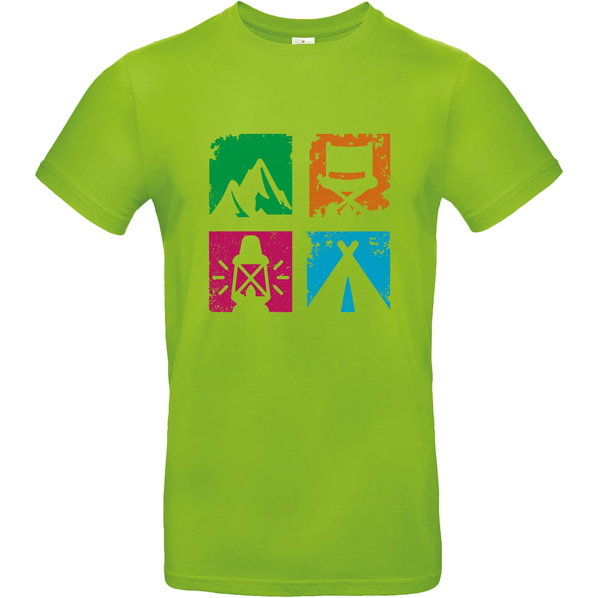 Apfelgrünes T-Shirt Vanlife 1 in Größe L mit vierfarbigem Campingmotiv aus Bergen, Campingstuhl, Lagerfeuer und Zelt