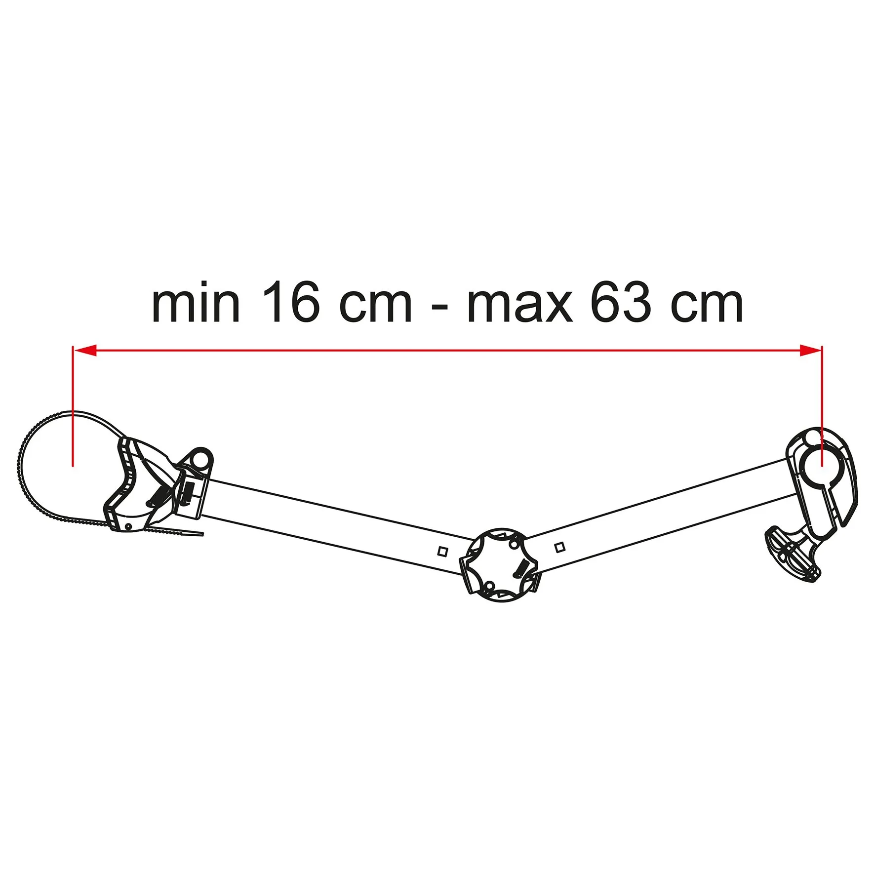 Fahrradhalter Bike-Block Pro S als technische Seitenansicht mit verstellbarer Länge von 16 bis 63 cm