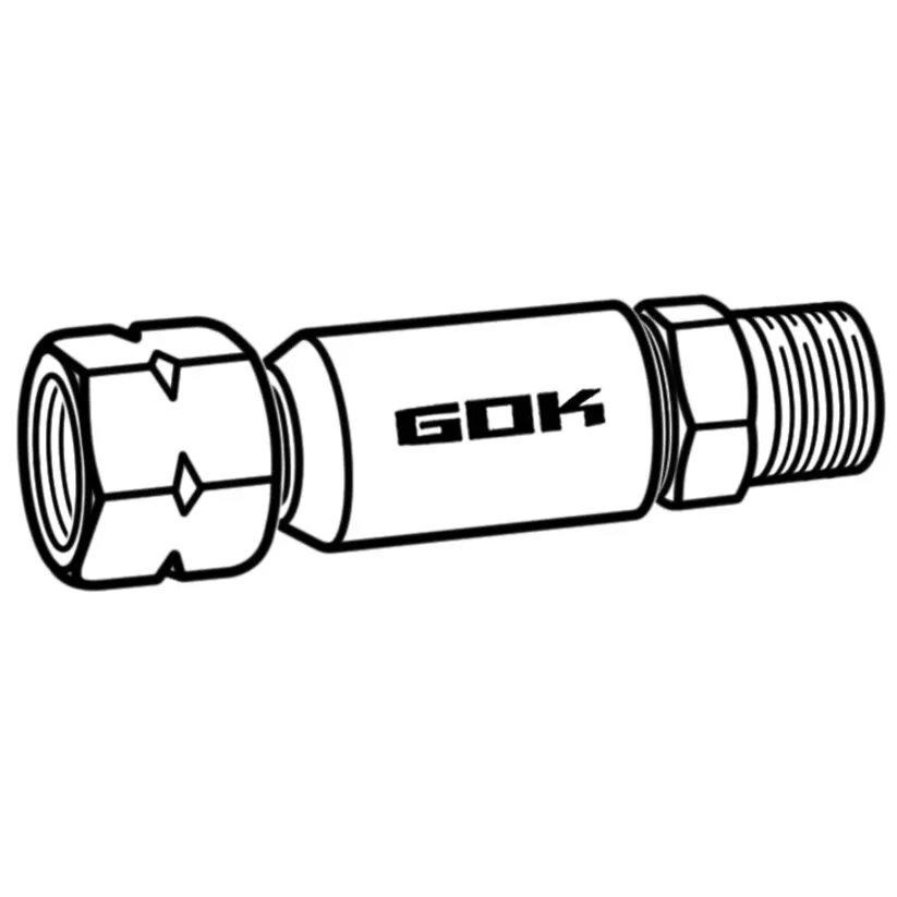 GOK-Schlauchbruchsicherung aus Metall mit Innengewinde links und Außengewinde rechts, 50 mbar