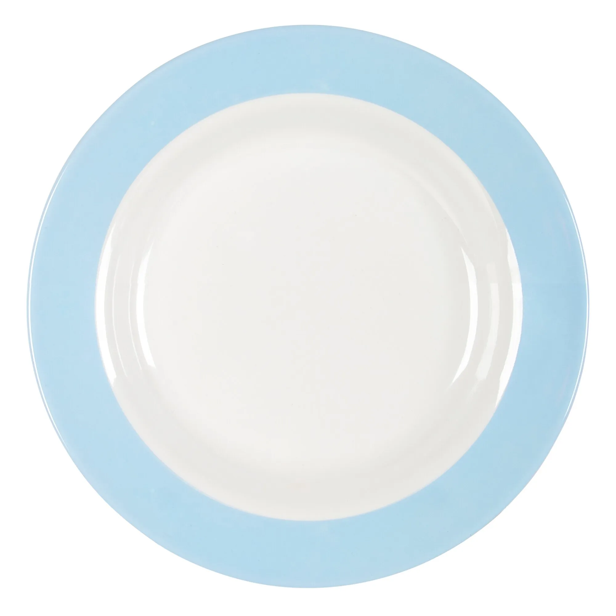 Runder weißer Teller mit breitem hellblauem Rand aus dem Geschirrset Colour Line, blau, in Draufsicht