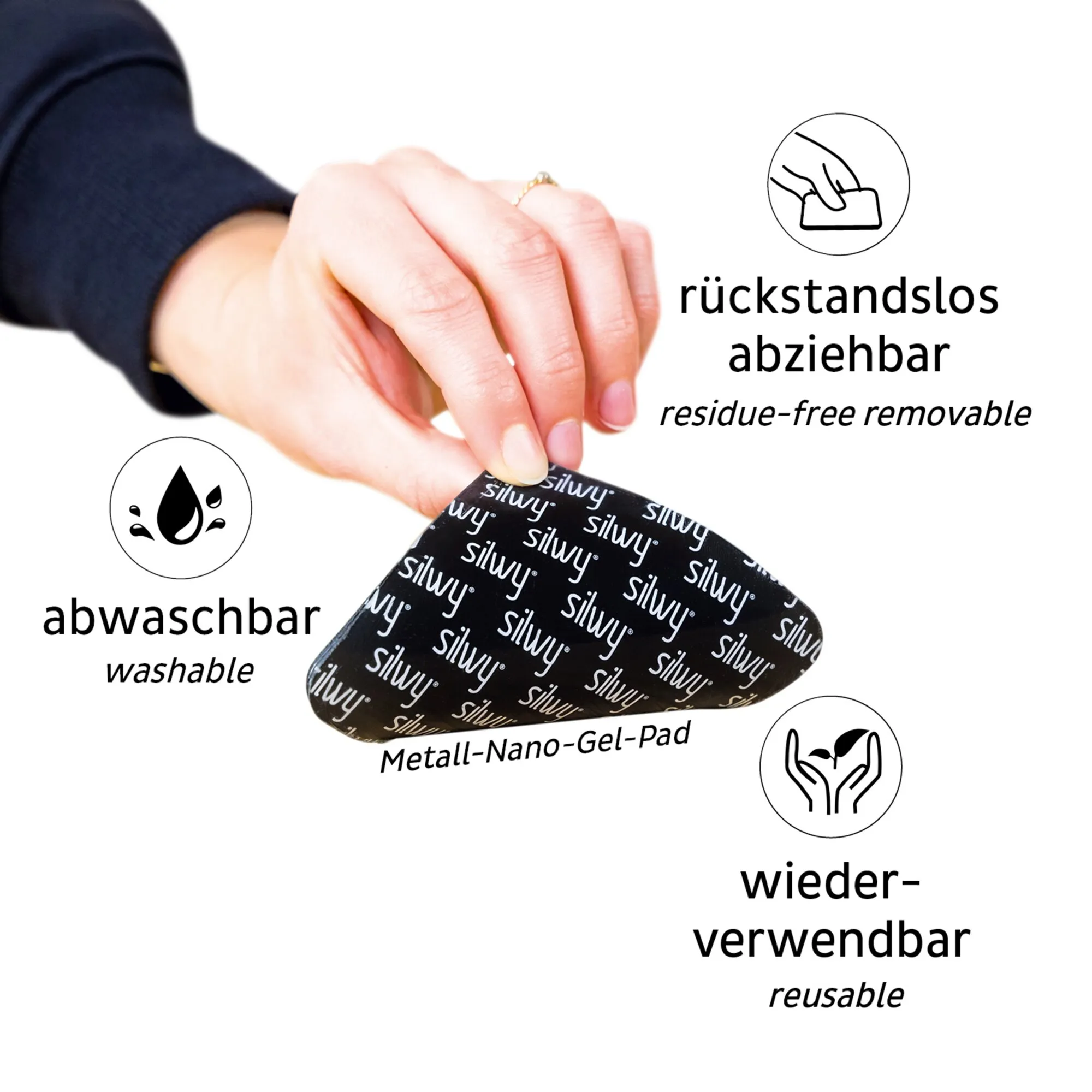 Hand zieht ein schwarzes, mit Silwy bedrucktes Metall-Nano-Gel-Pad ab; Hinweise nennen es abwaschbar und wiederverwendbar
